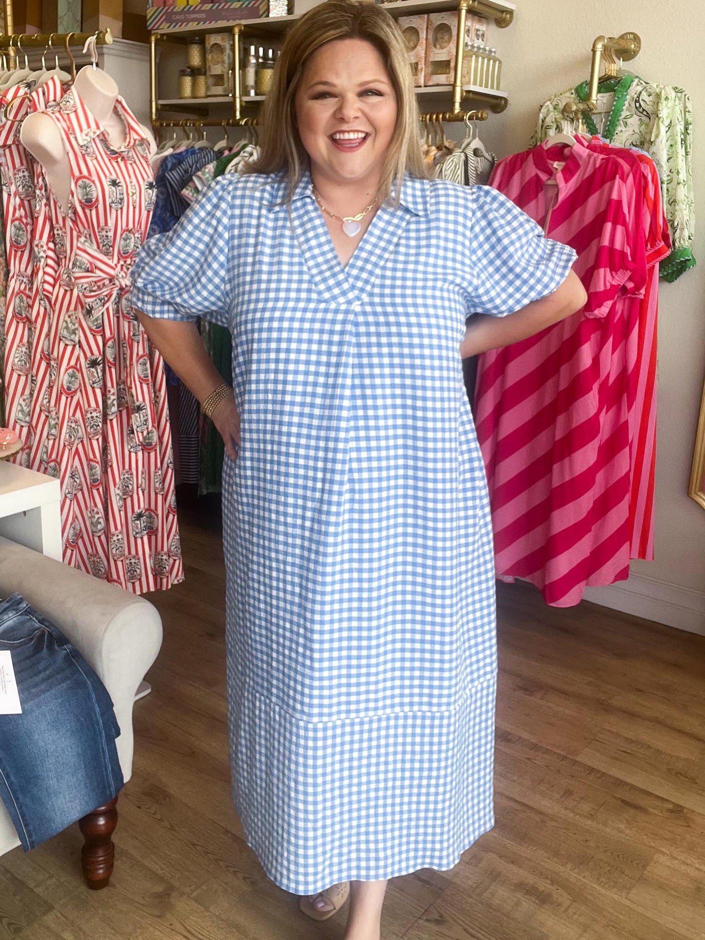 RESTOCKED! Star-Spangled Sweetheart Curvy Blue Gingham Midi Dress
