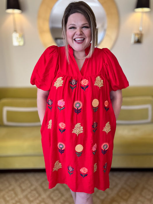 Stems of Scarlet Curvy Red Embroidered Dress
