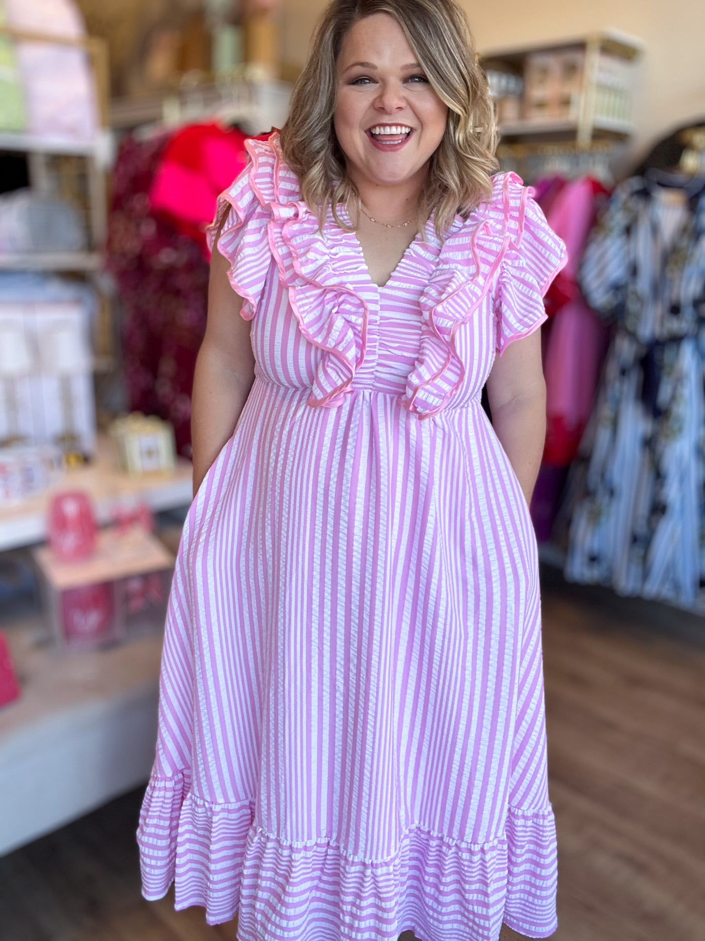 RESTOCKED! Strawberry Daiquiri Curvy Stripe Flutter Midi Dress