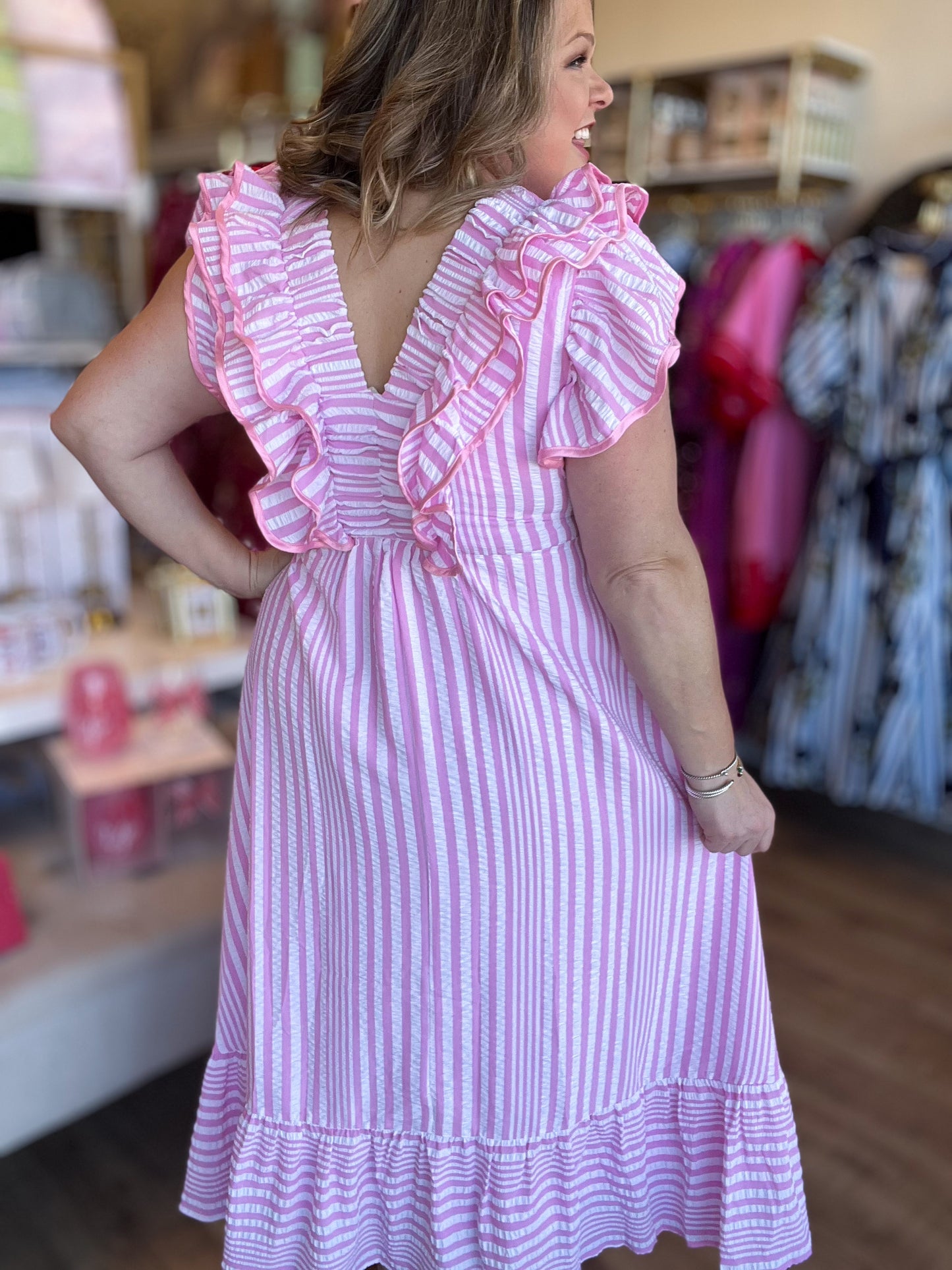 RESTOCKED! Strawberry Daiquiri Curvy Stripe Flutter Midi Dress