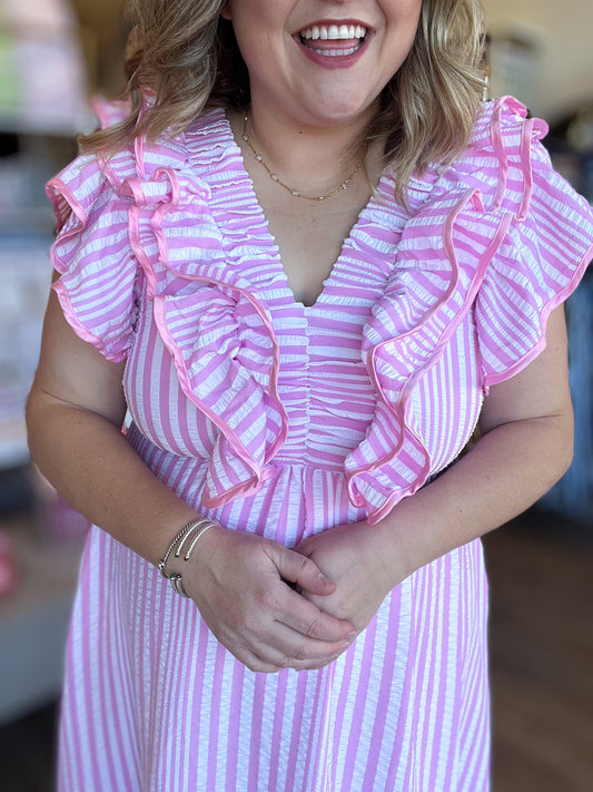 RESTOCKED! Strawberry Daiquiri Curvy Stripe Flutter Midi Dress