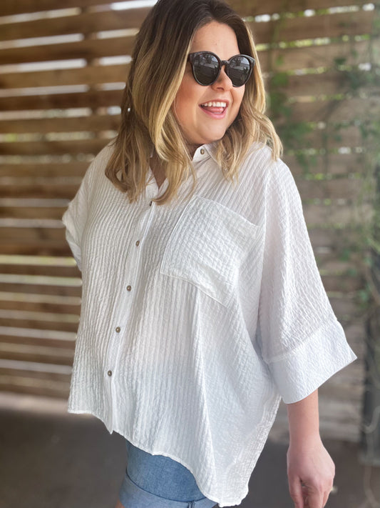 "Summertime Sunshine" Curvy White Pleated Button Up