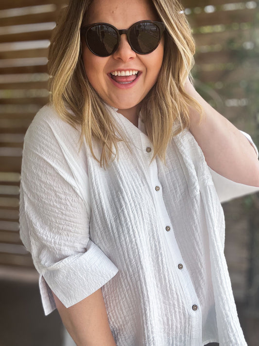 "Summertime Sunshine" Curvy White Pleated Button Up