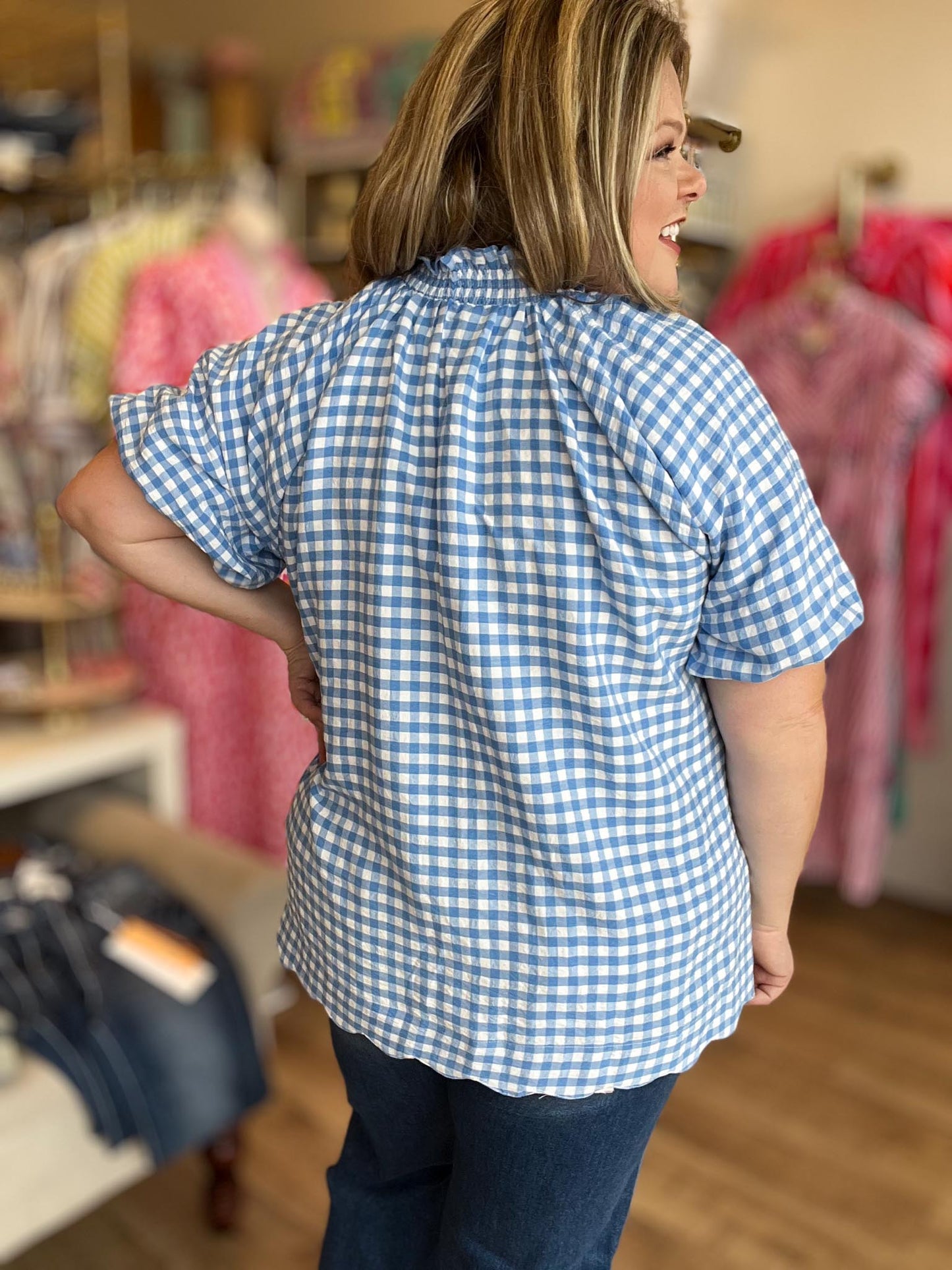 Sunday Stroll Curvy Blue Gingham Blouse