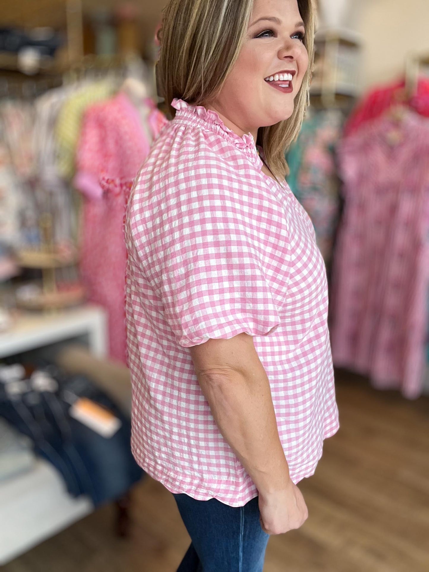 Sunday Stroll Curvy Pink Gingham Blouse