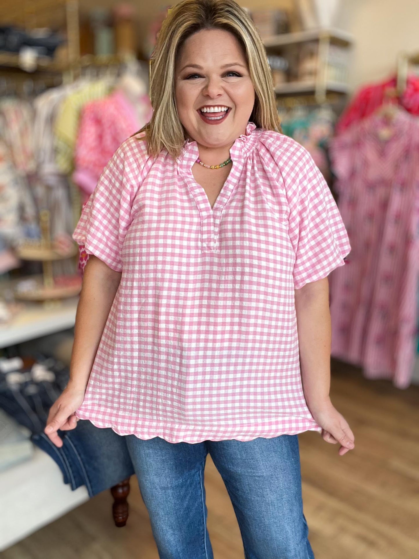 Sunday Stroll Curvy Pink Gingham Blouse