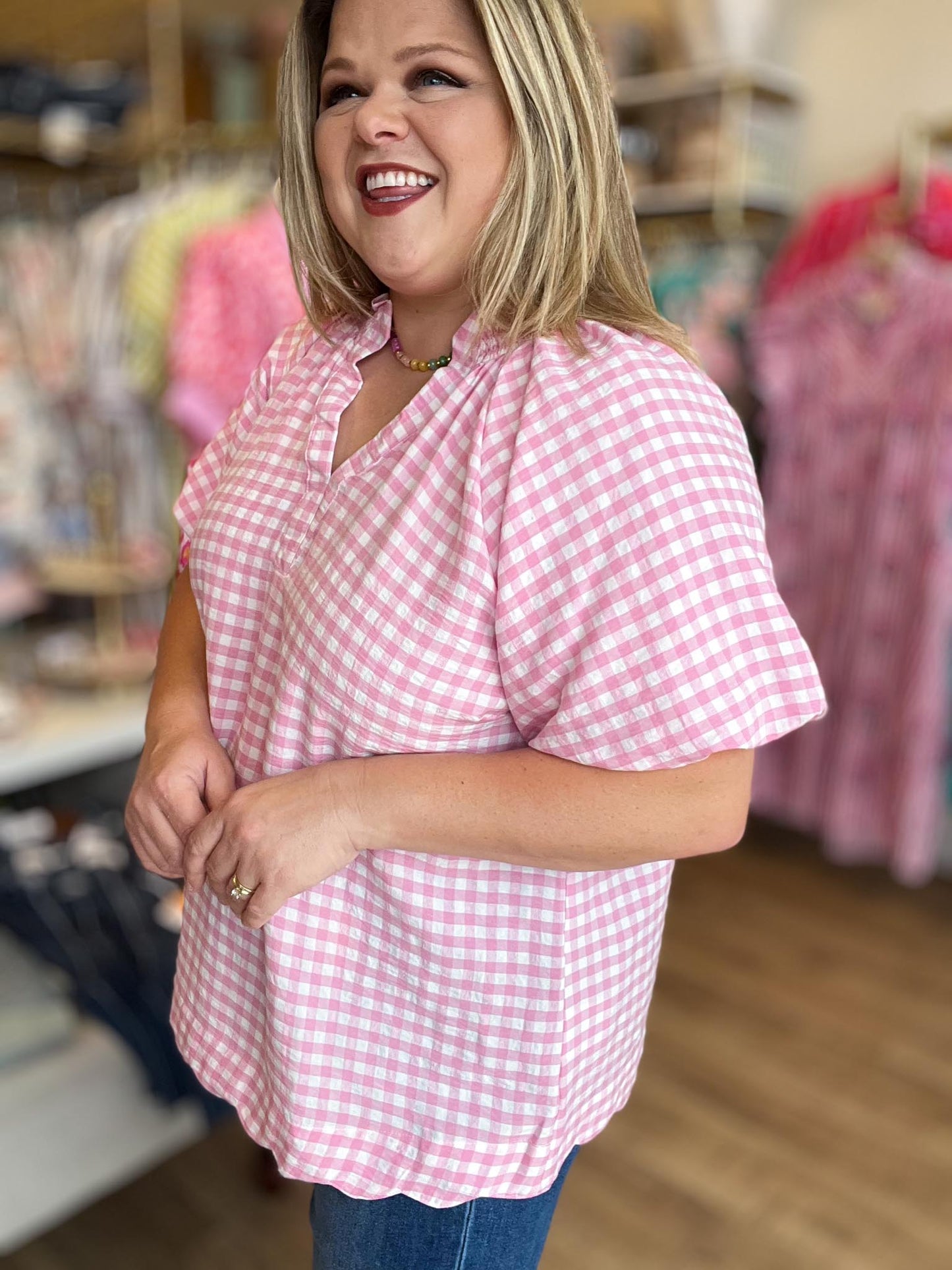 Sunday Stroll Curvy Pink Gingham Blouse