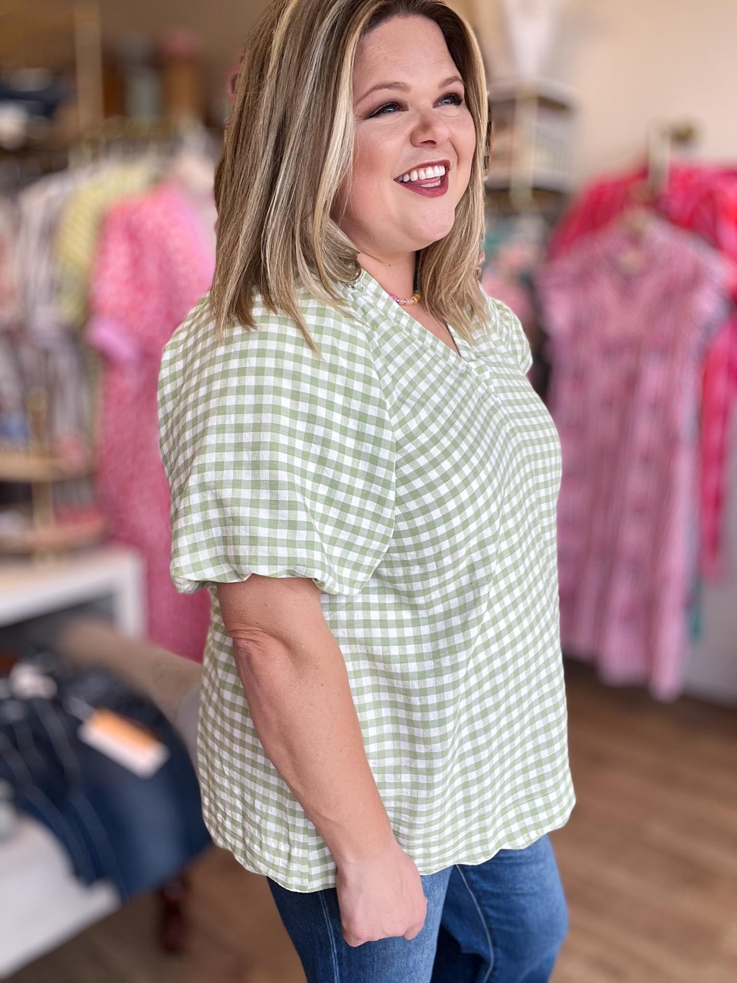 Sunday Stroll Curvy Sage Gingham Blouse