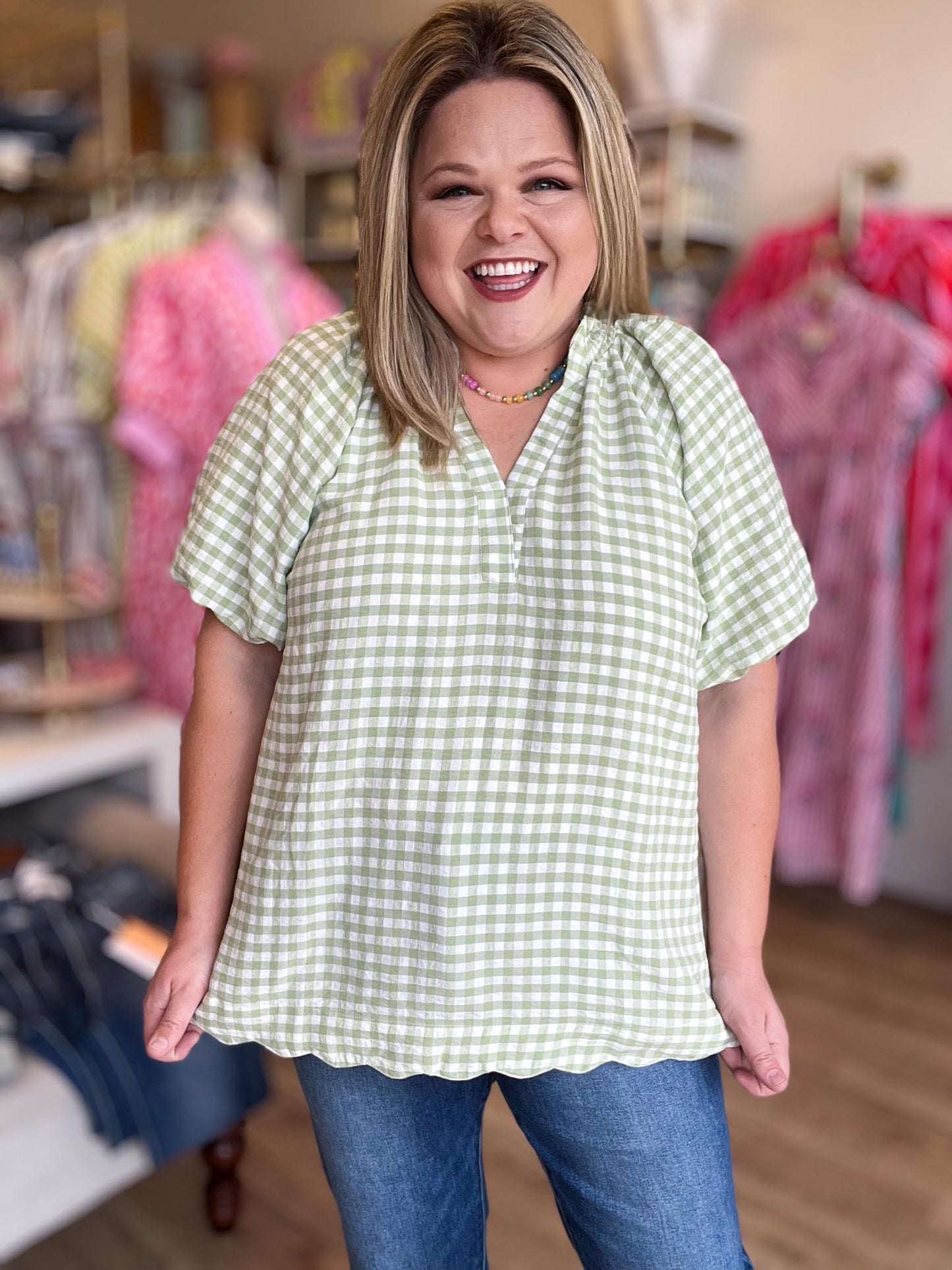 Sunday Stroll Curvy Sage Gingham Blouse