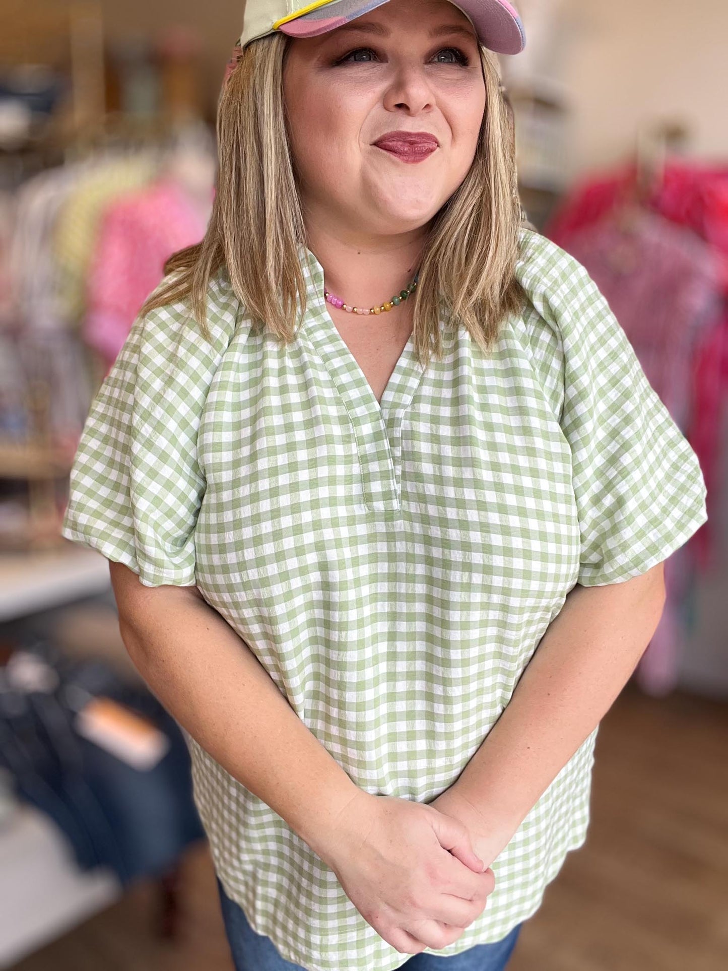 Sunday Stroll Curvy Sage Gingham Blouse