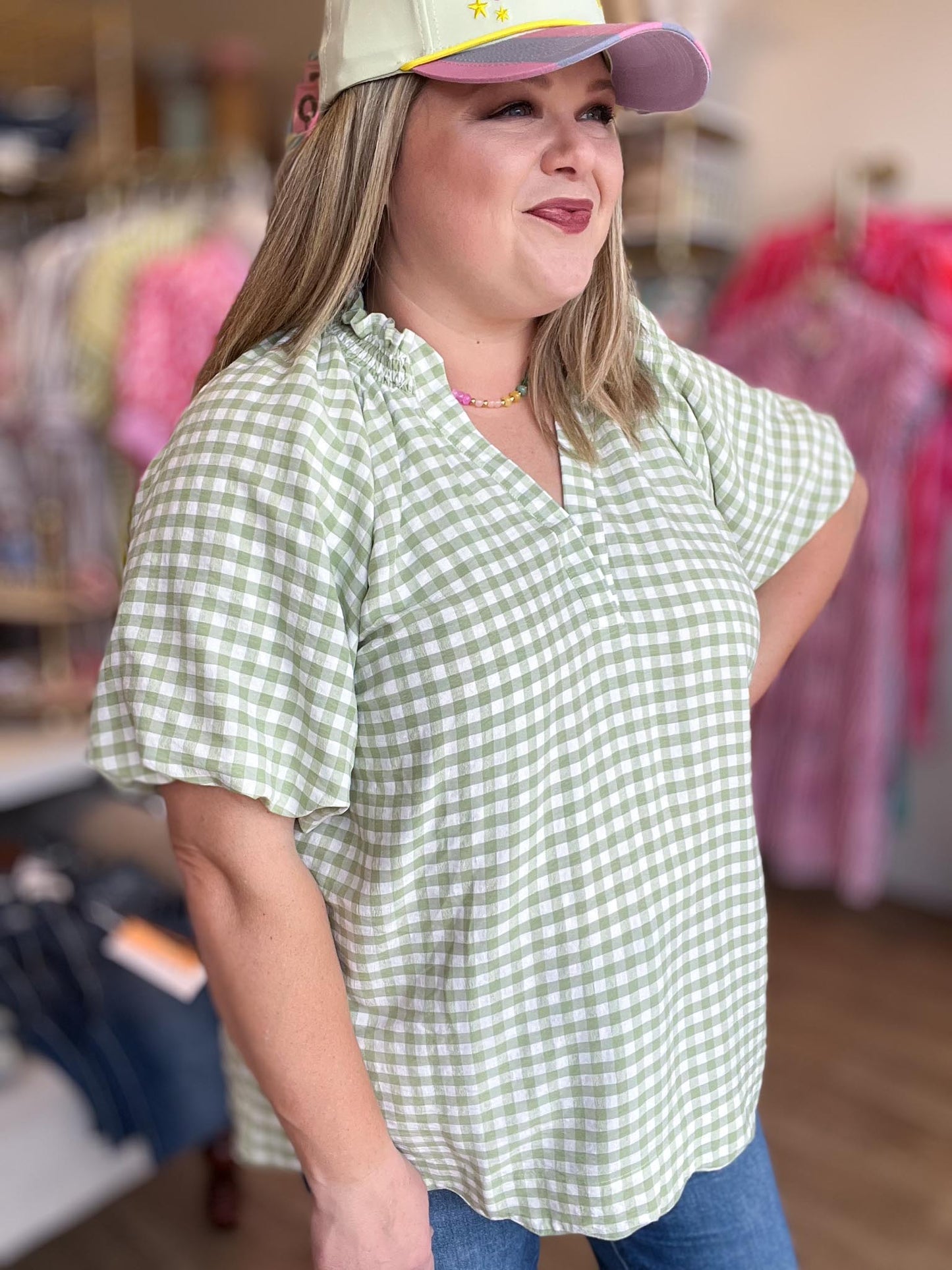 Sunday Stroll Curvy Sage Gingham Blouse