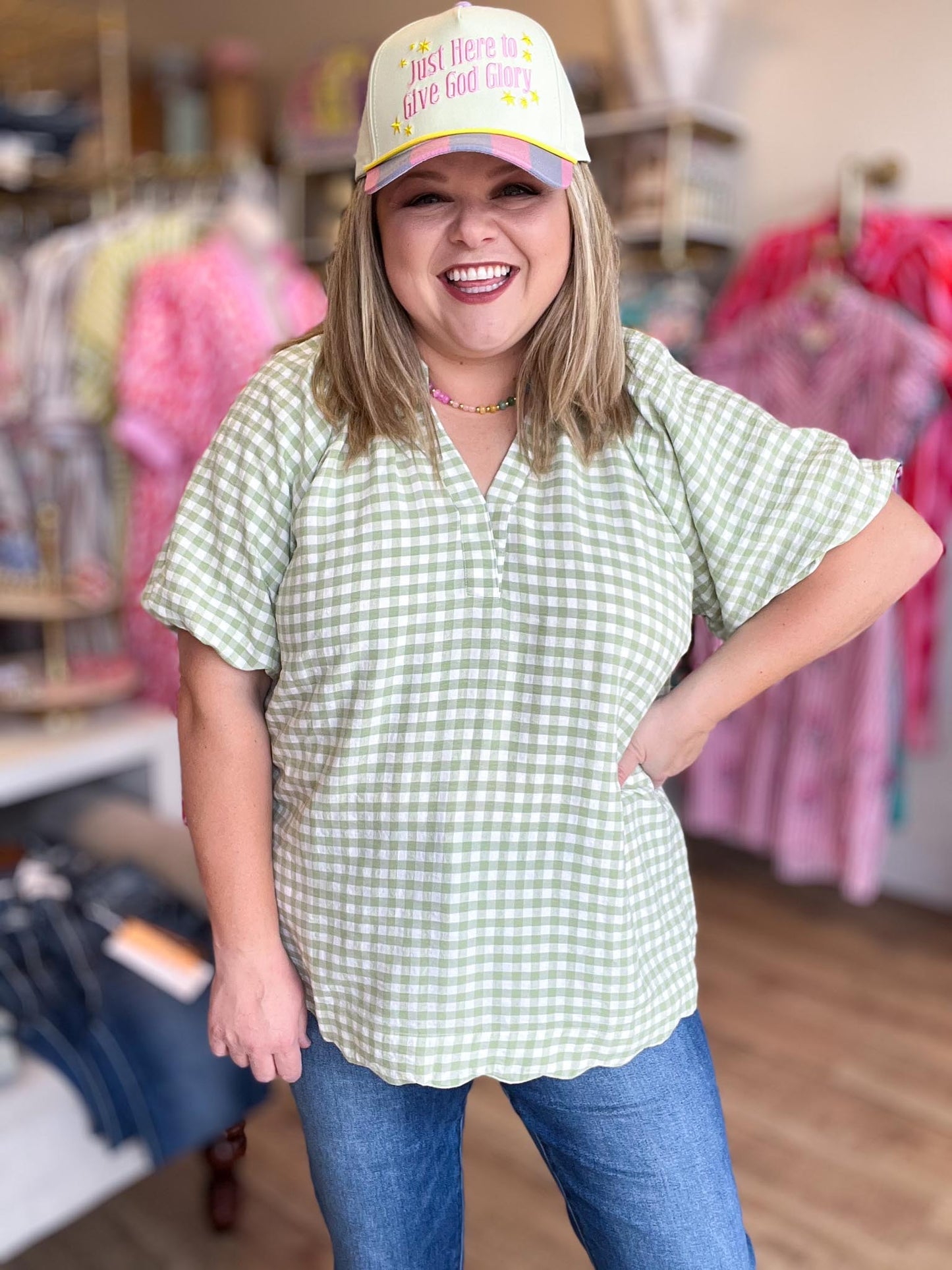 Sunday Stroll Curvy Sage Gingham Blouse