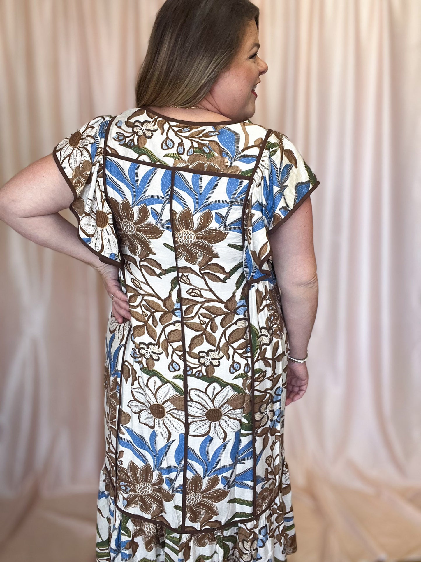 Sunflowers in Late Summer Curvy Brown Floral Midi Dress