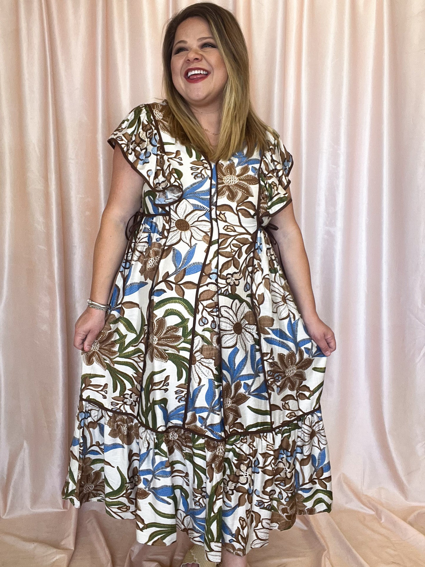 Sunflowers in Late Summer Curvy Brown Floral Midi Dress
