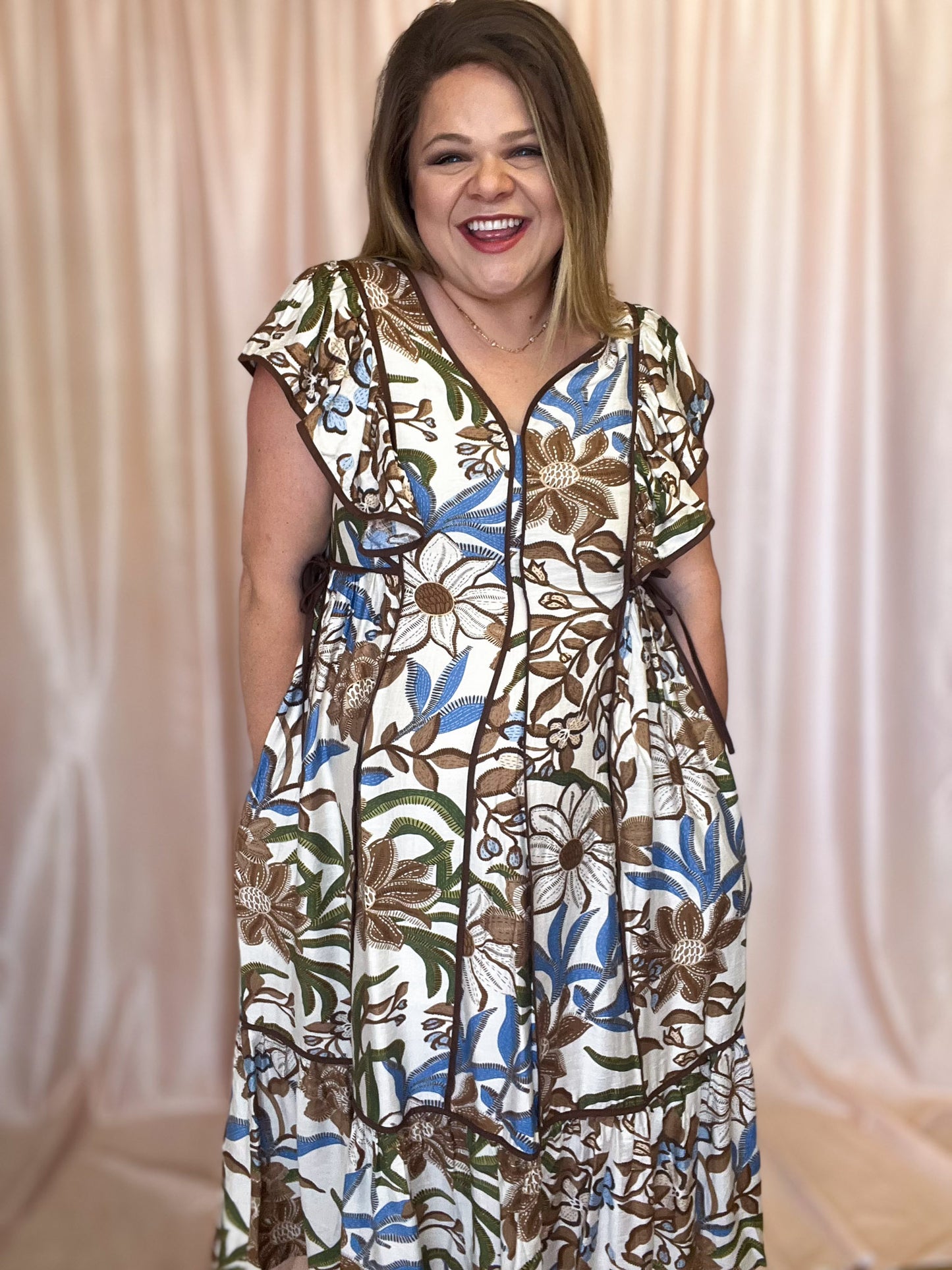Sunflowers in Late Summer Curvy Brown Floral Midi Dress