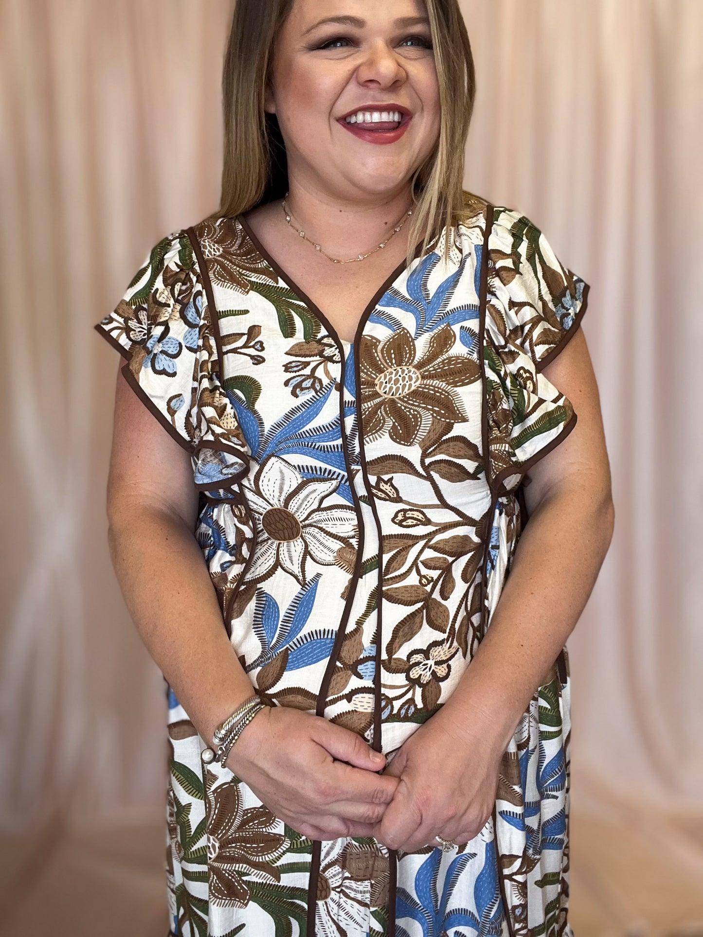 Sunflowers in Late Summer Curvy Brown Floral Midi Dress