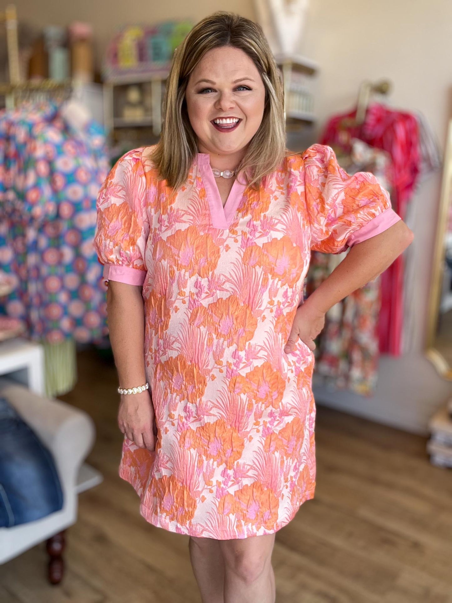 Sweet Celebration Curvy Peach Jacquard Mini Dress
