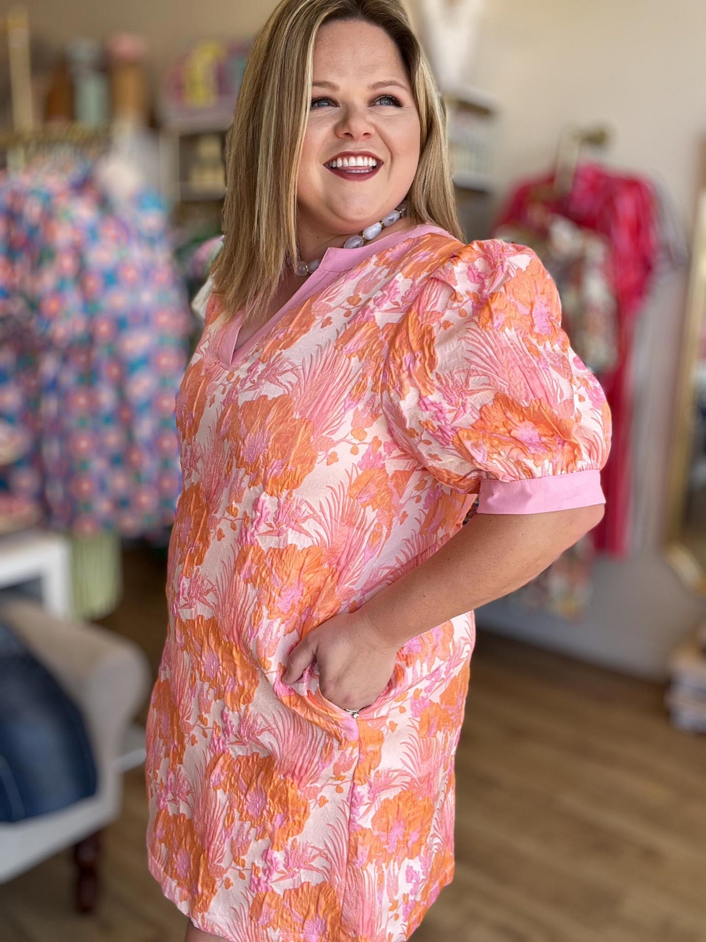 Sweet Celebration Curvy Peach Jacquard Mini Dress