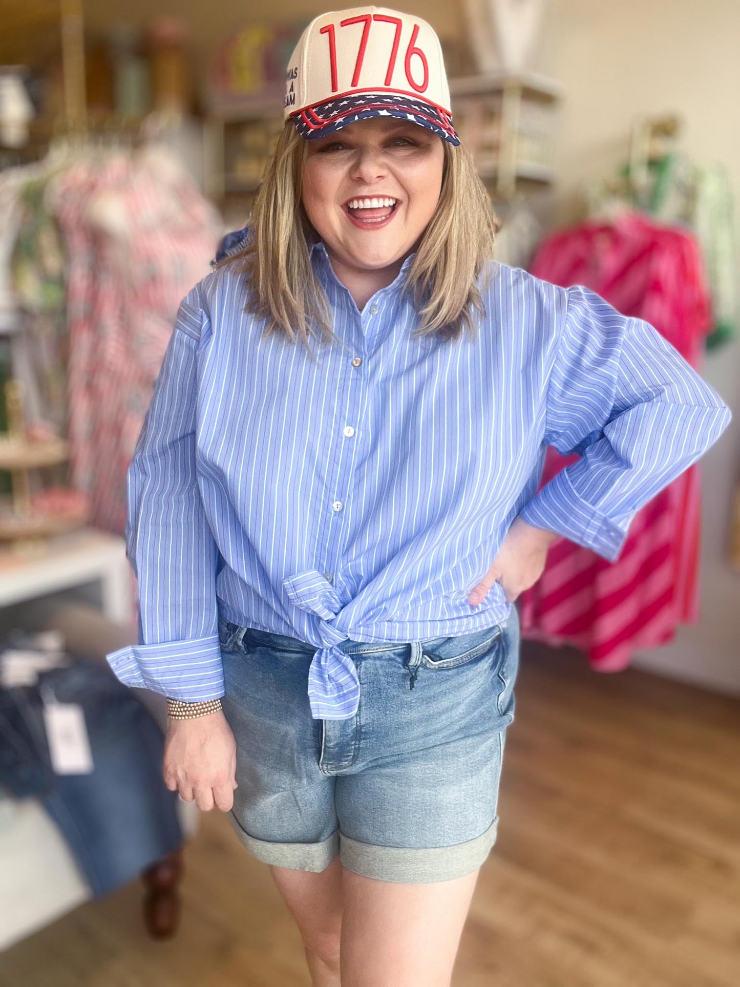 Sweet Land of the Free Curvy Blue Pinstripe Button Up