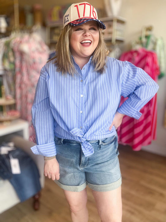 Sweet Land of the Free Curvy Blue Pinstripe Button Up