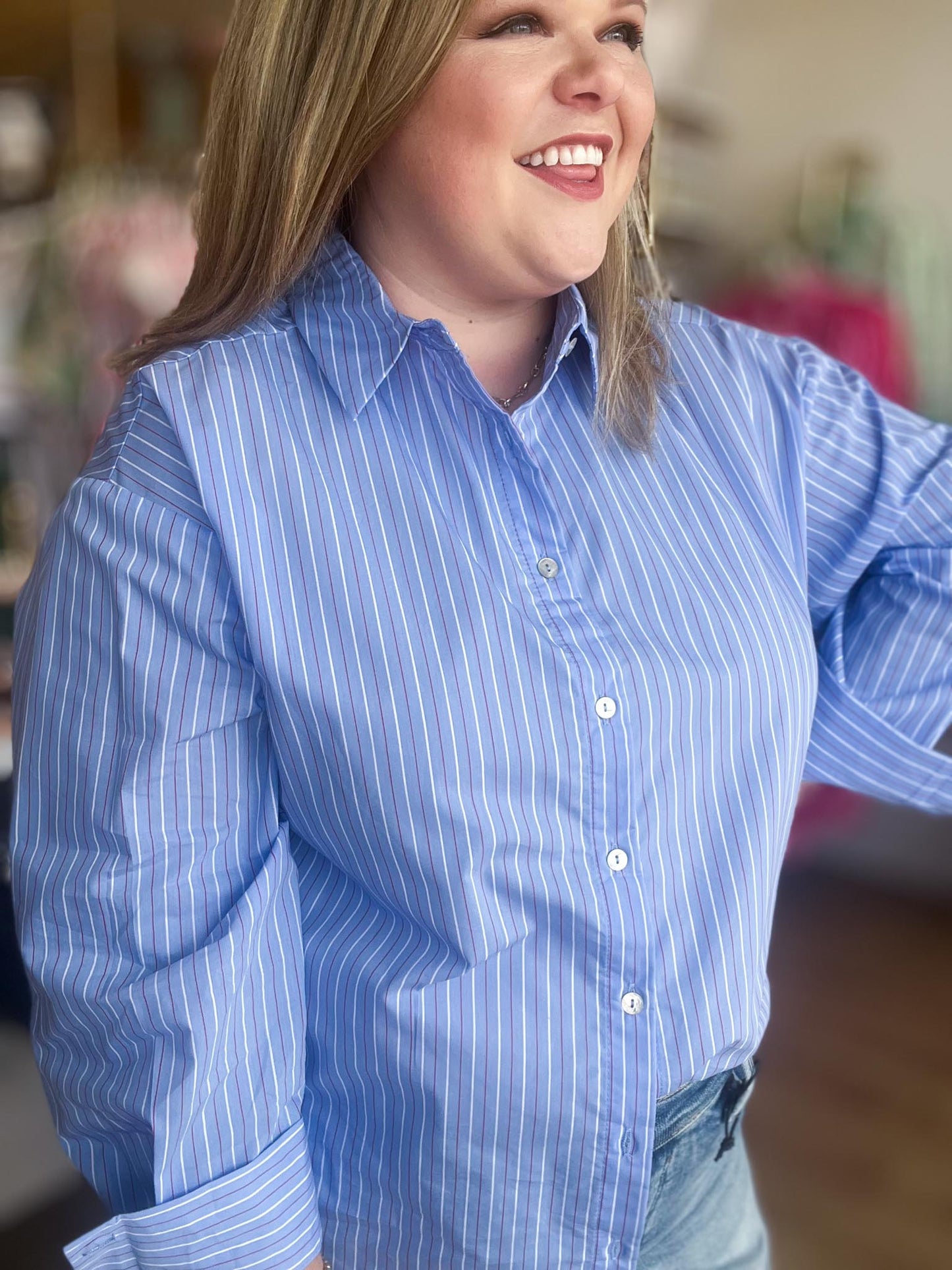 Sweet Land of the Free Curvy Blue Pinstripe Button Up
