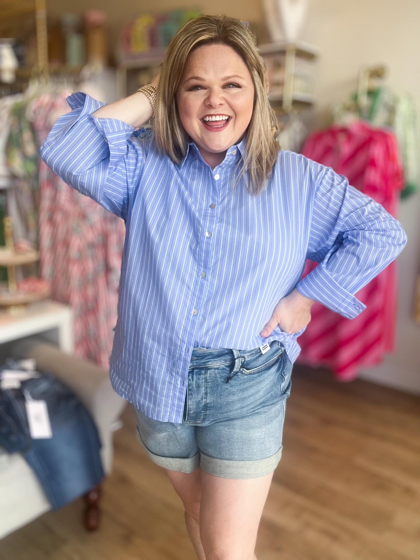 Sweet Land of the Free Curvy Blue Pinstripe Button Up