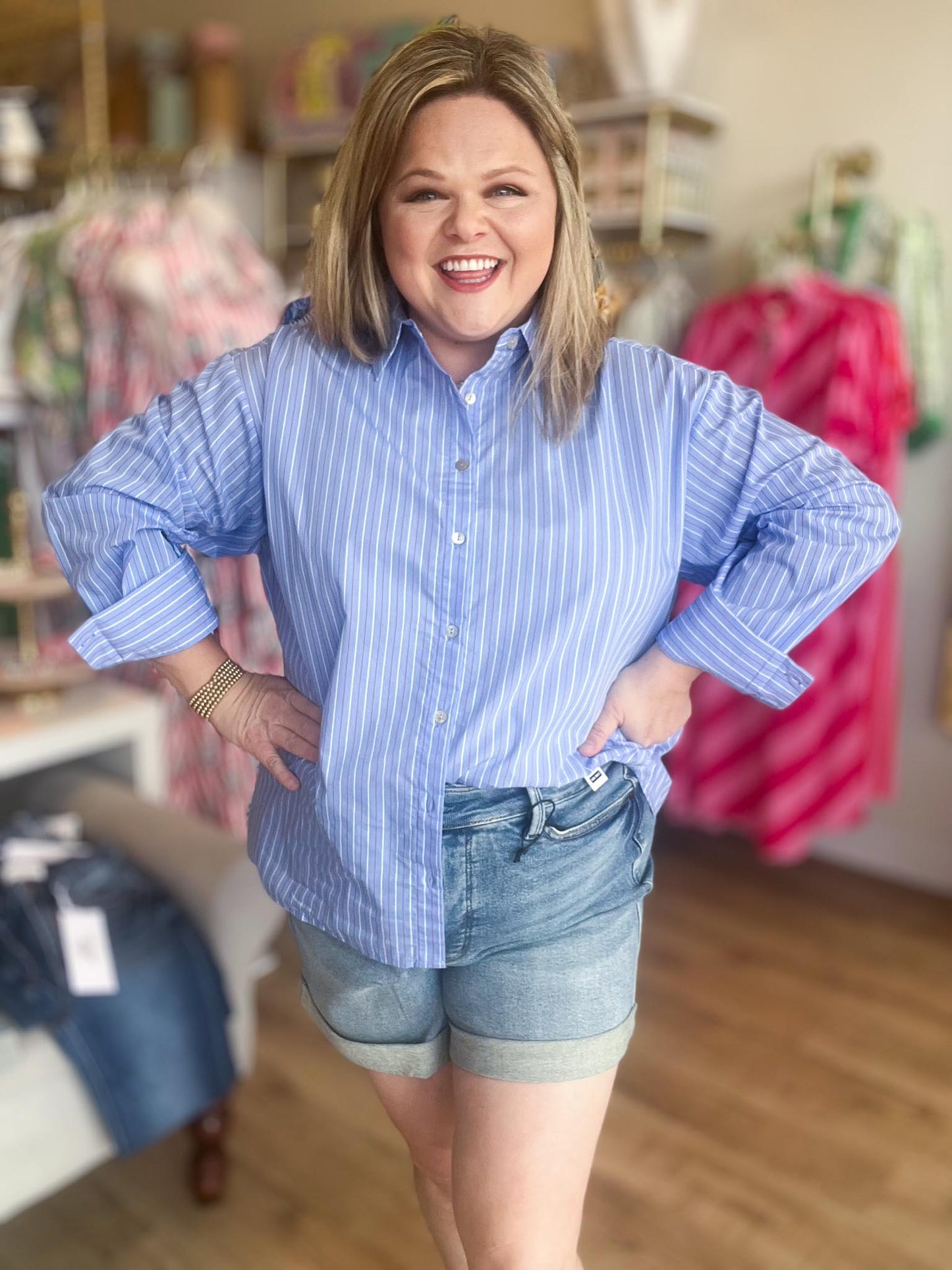 Sweet Land of the Free Curvy Blue Pinstripe Button Up