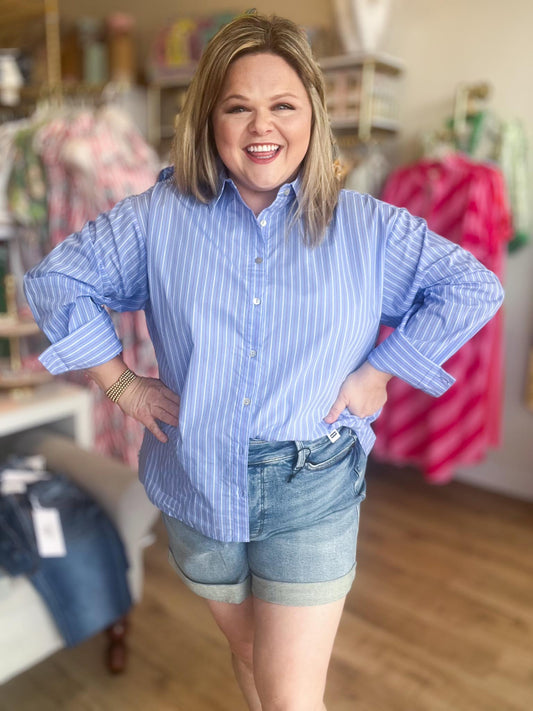 Sweet Land of the Free Curvy Blue Pinstripe Button Up