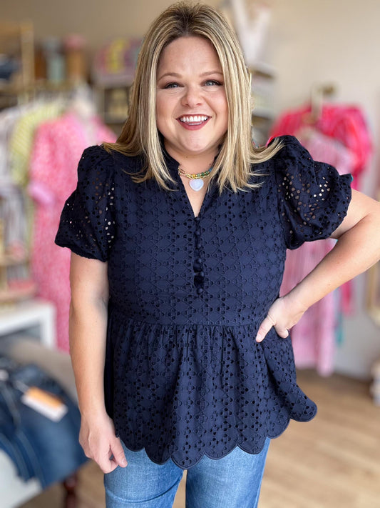 Sweet Statement Curvy Navy Eyelet Peplum Top