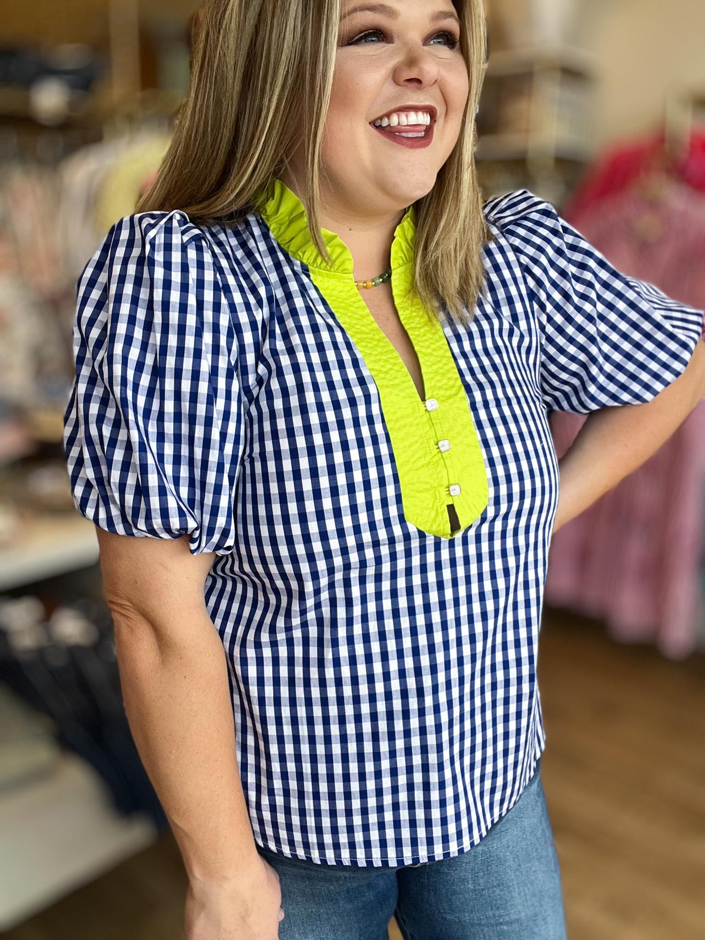 Sweet Tea & Sunshine Top Curvy Blue Gingham Top