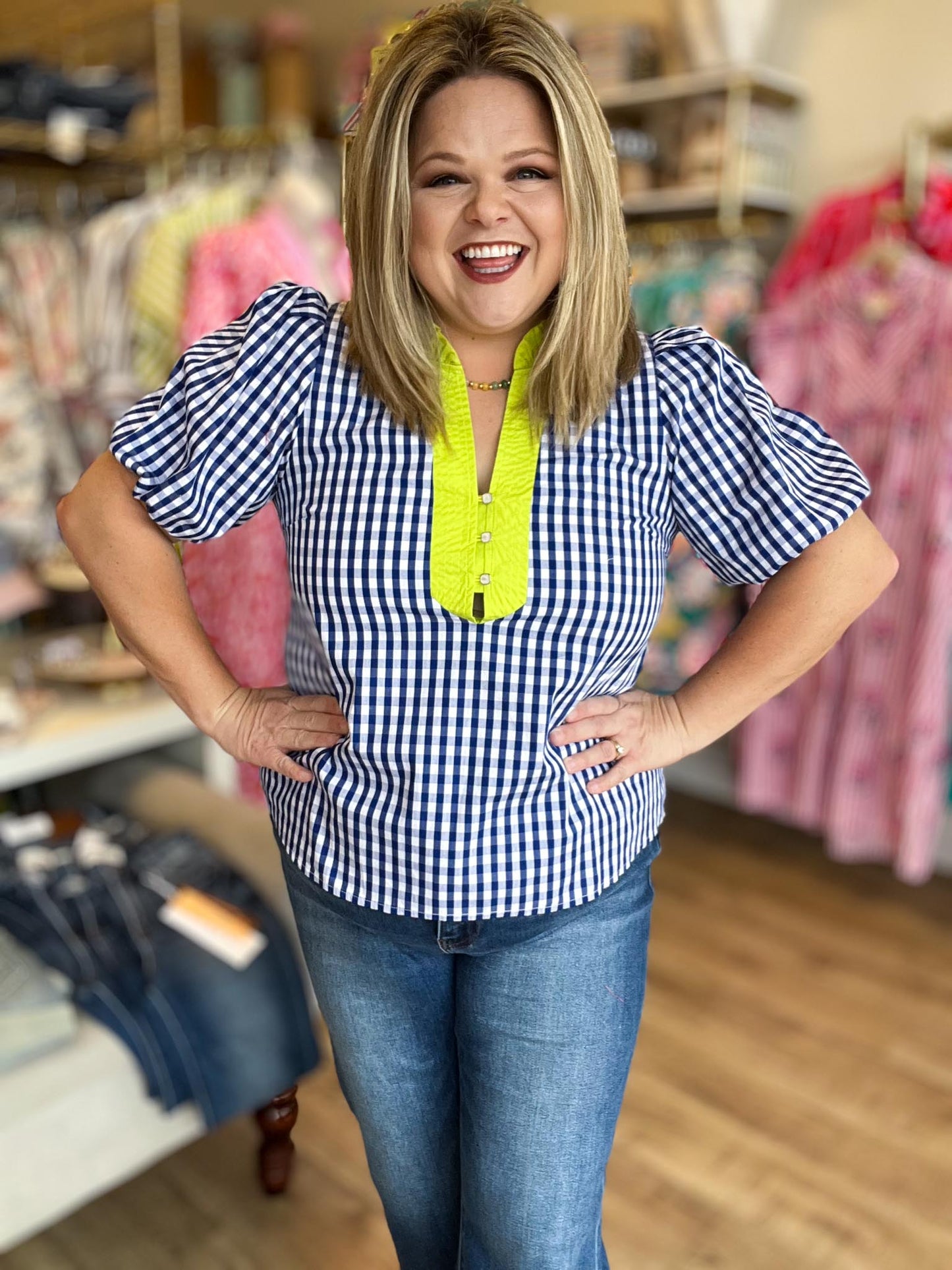 Sweet Tea & Sunshine Top Curvy Blue Gingham Top