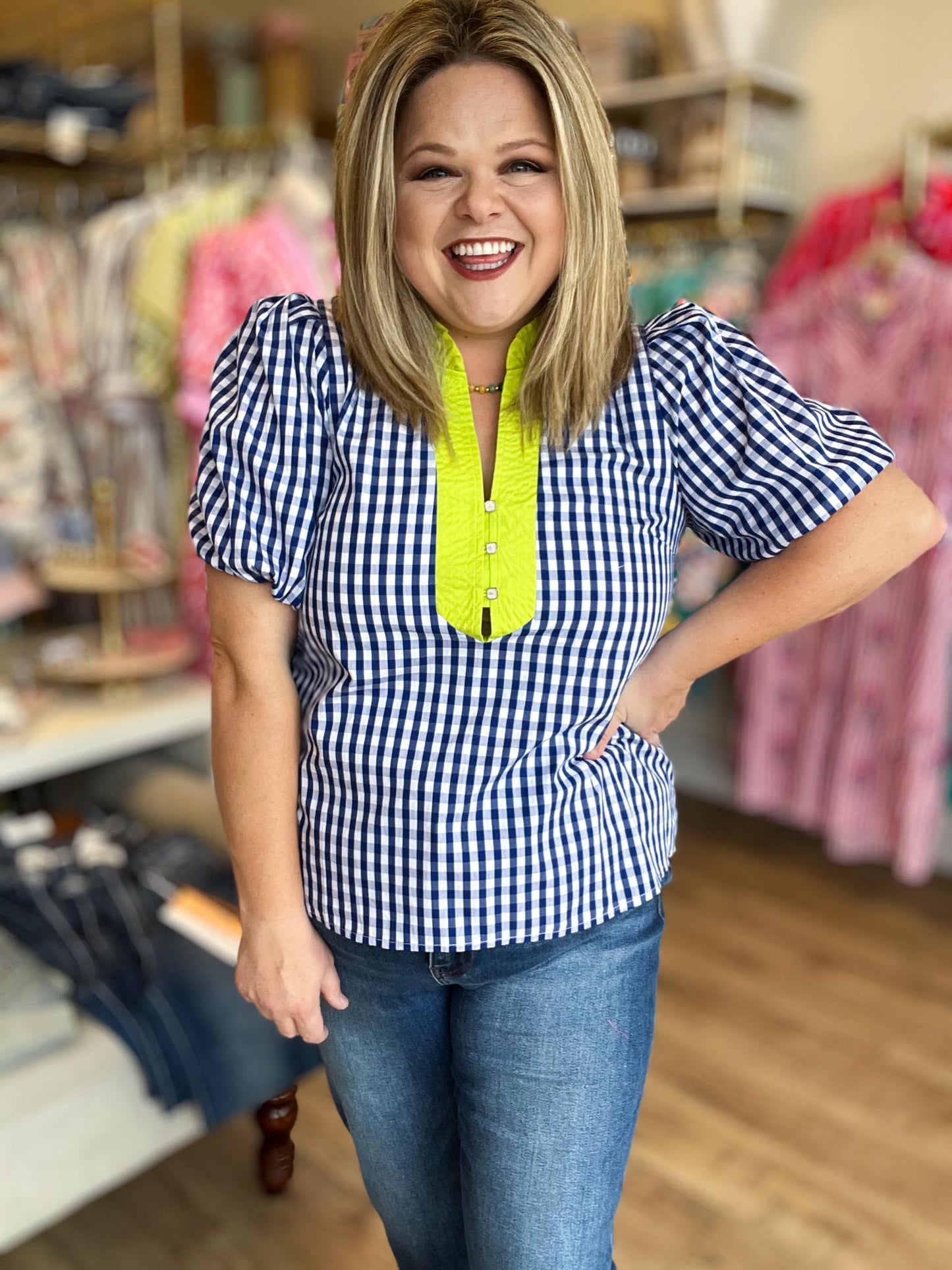 Sweet Tea & Sunshine Top Curvy Blue Gingham Top