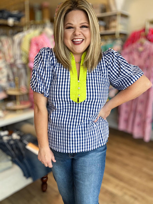 Sweet Tea & Sunshine Top Curvy Blue Gingham Top