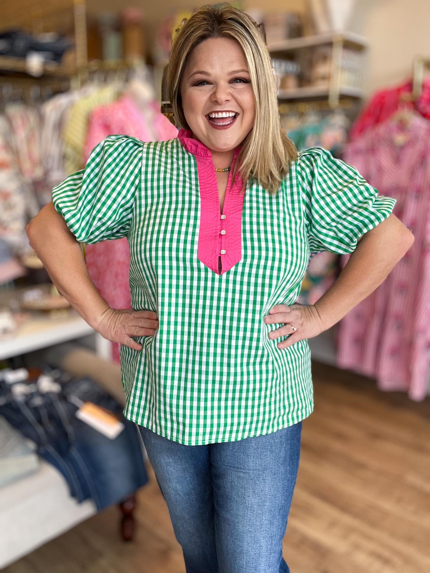 Sweet Tea & Sunshine Top Curvy Green Gingham Top