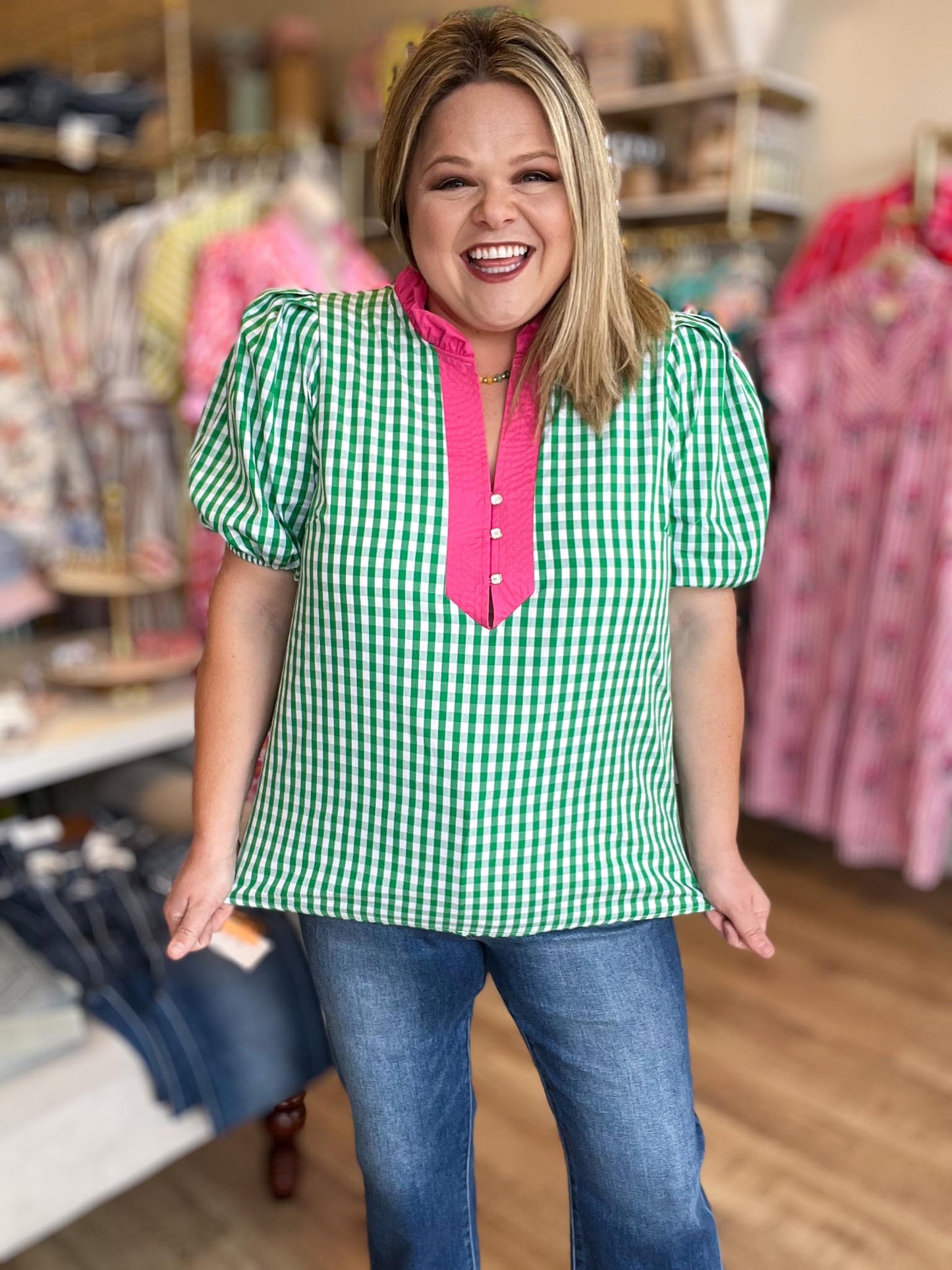Sweet Tea & Sunshine Top Curvy Green Gingham Top