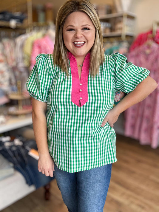 Sweet Tea & Sunshine Top Curvy Green Gingham Top
