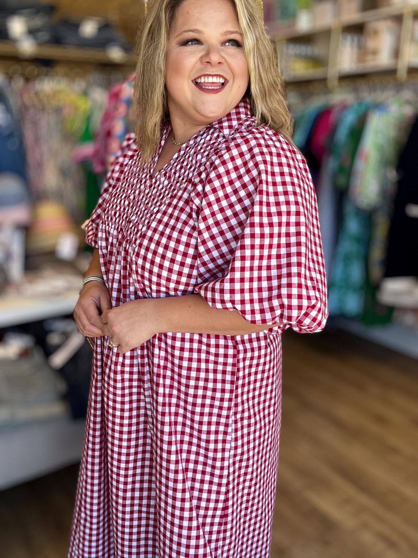 Sweet as Freedom Curvy Red Gingham Midi Dress
