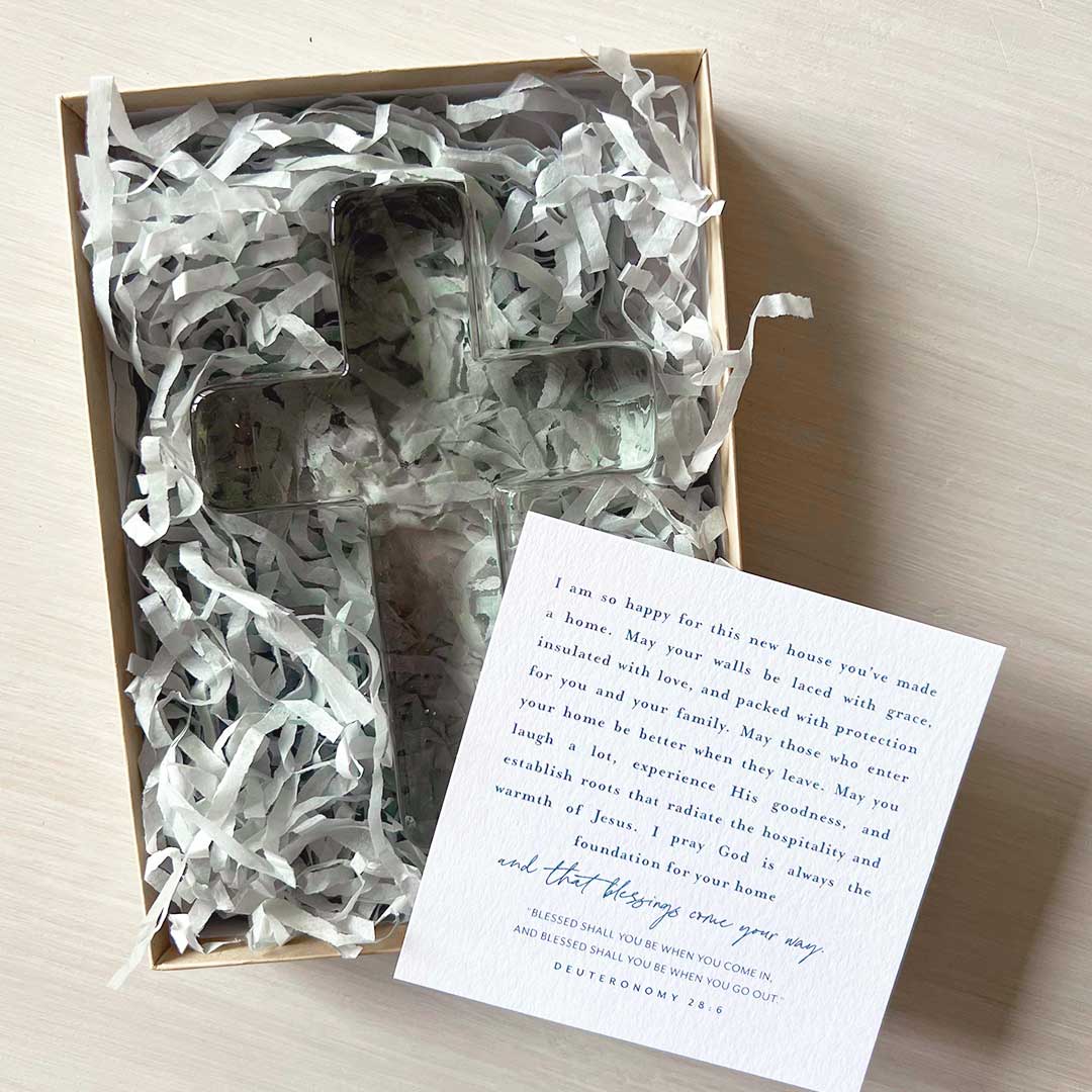 "Loves You More" Seaglass Green Glass Cross in Gift Box