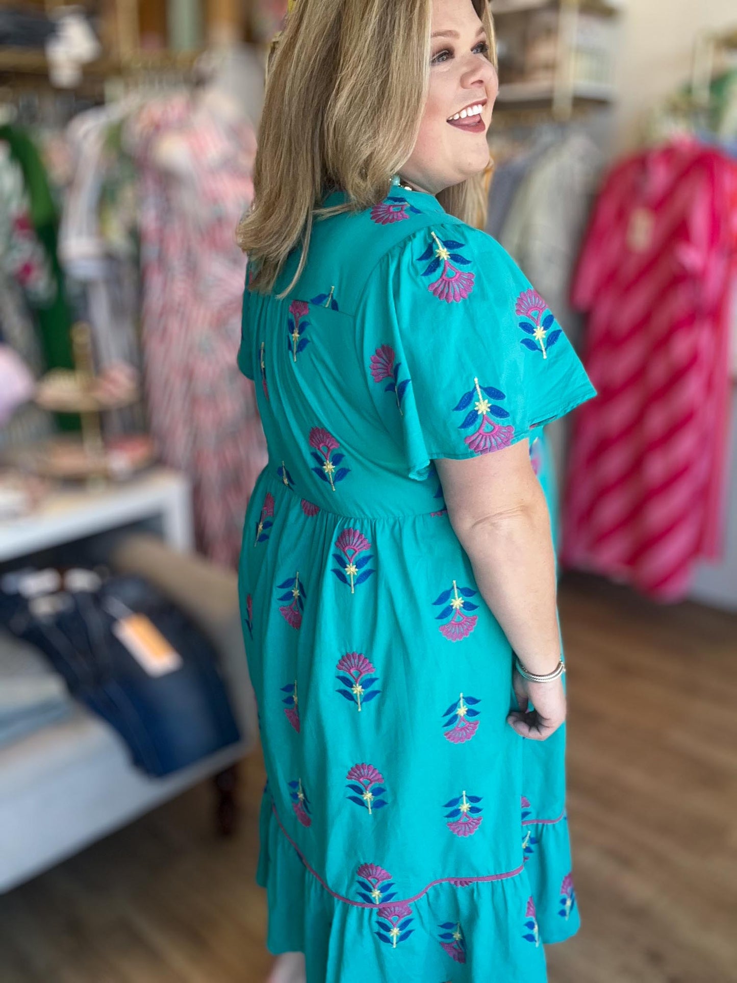 Teal Treasure Curvy Embroidered Midi Dress