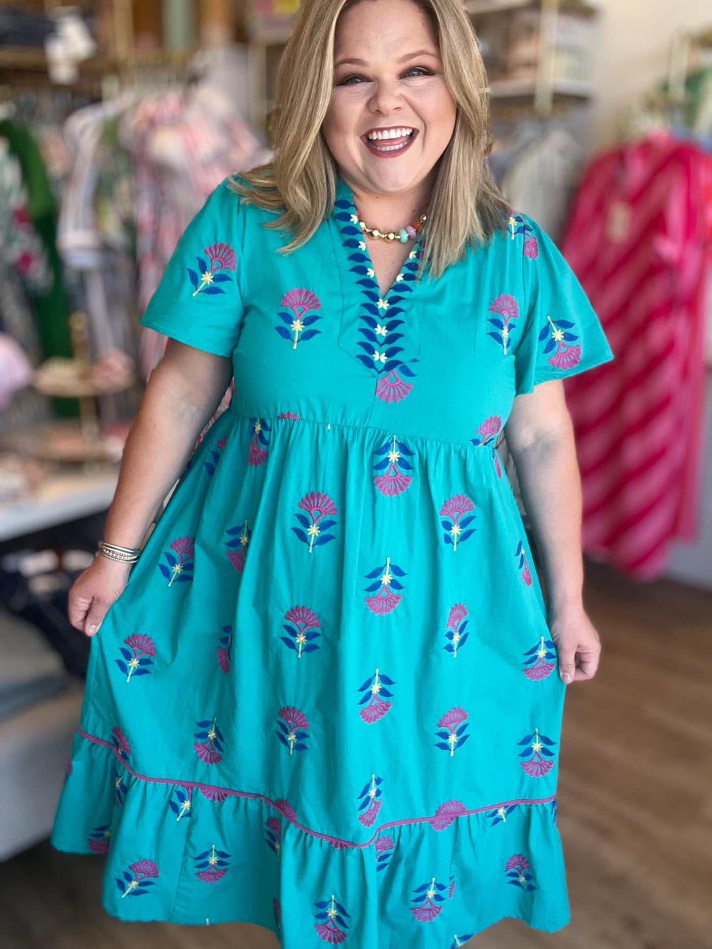 Teal Treasure Curvy Embroidered Midi Dress