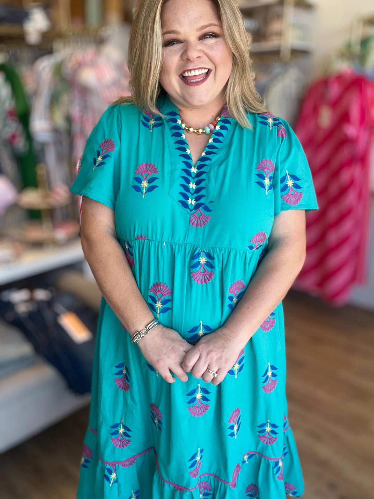 Teal Treasure Curvy Embroidered Midi Dress