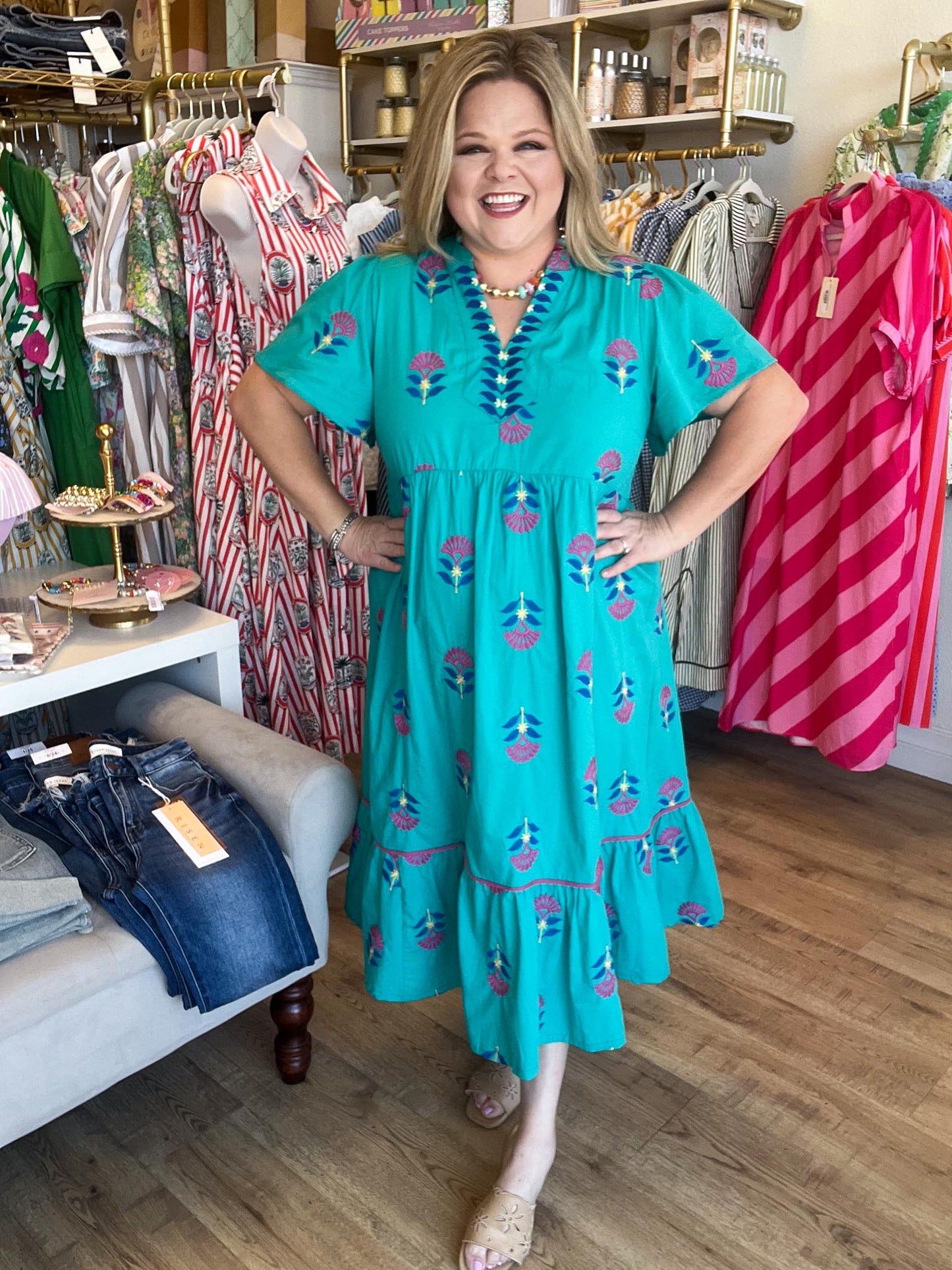 Teal Treasure Curvy Embroidered Midi Dress