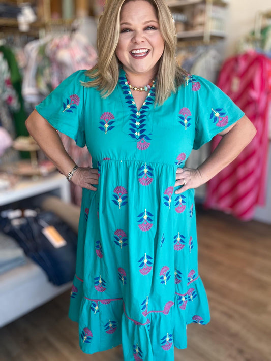 Teal Treasure Curvy Embroidered Midi Dress