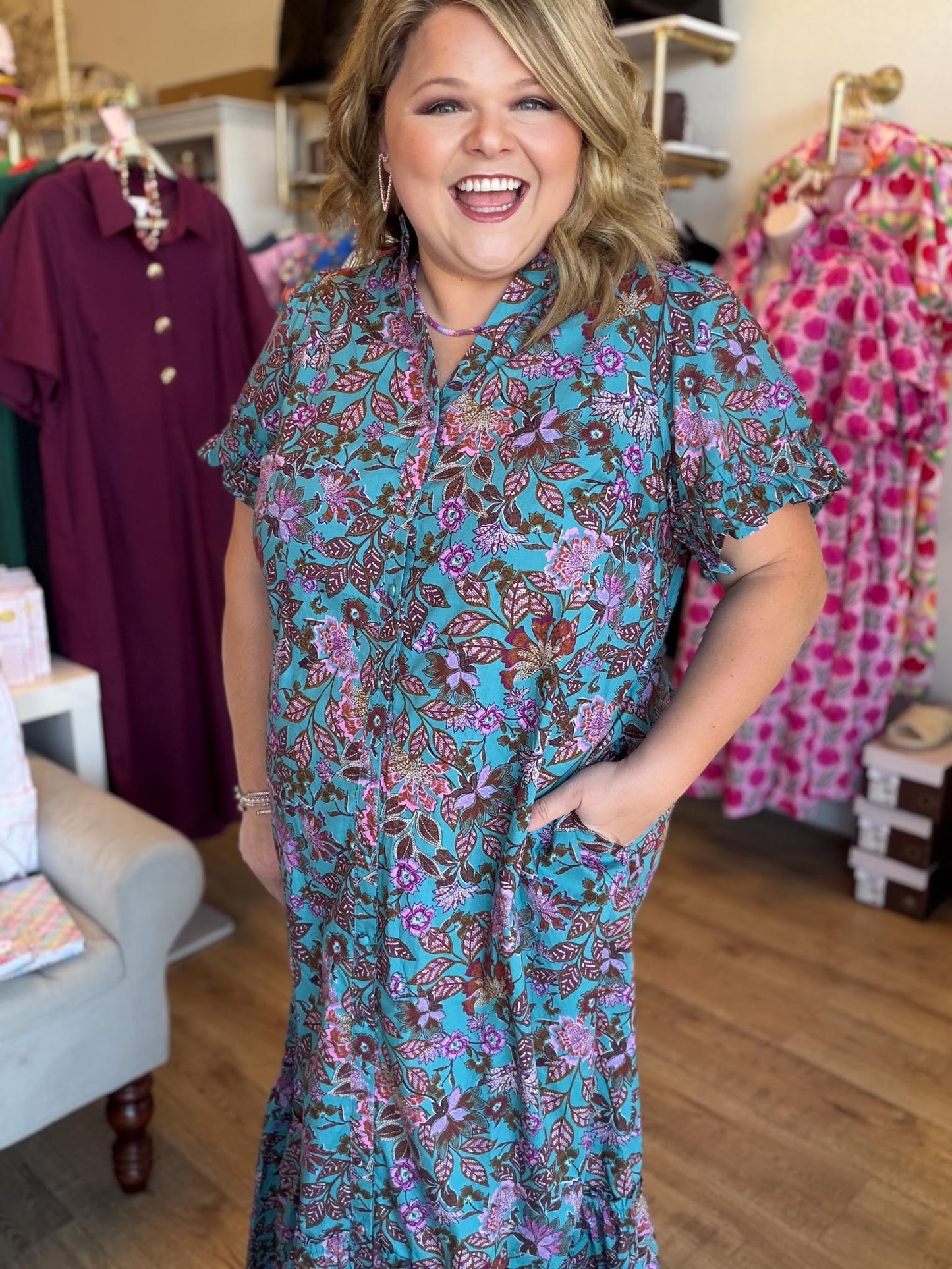 The Bright Side of Fall Plus-Size Teal Floral Button Down Midi Dress