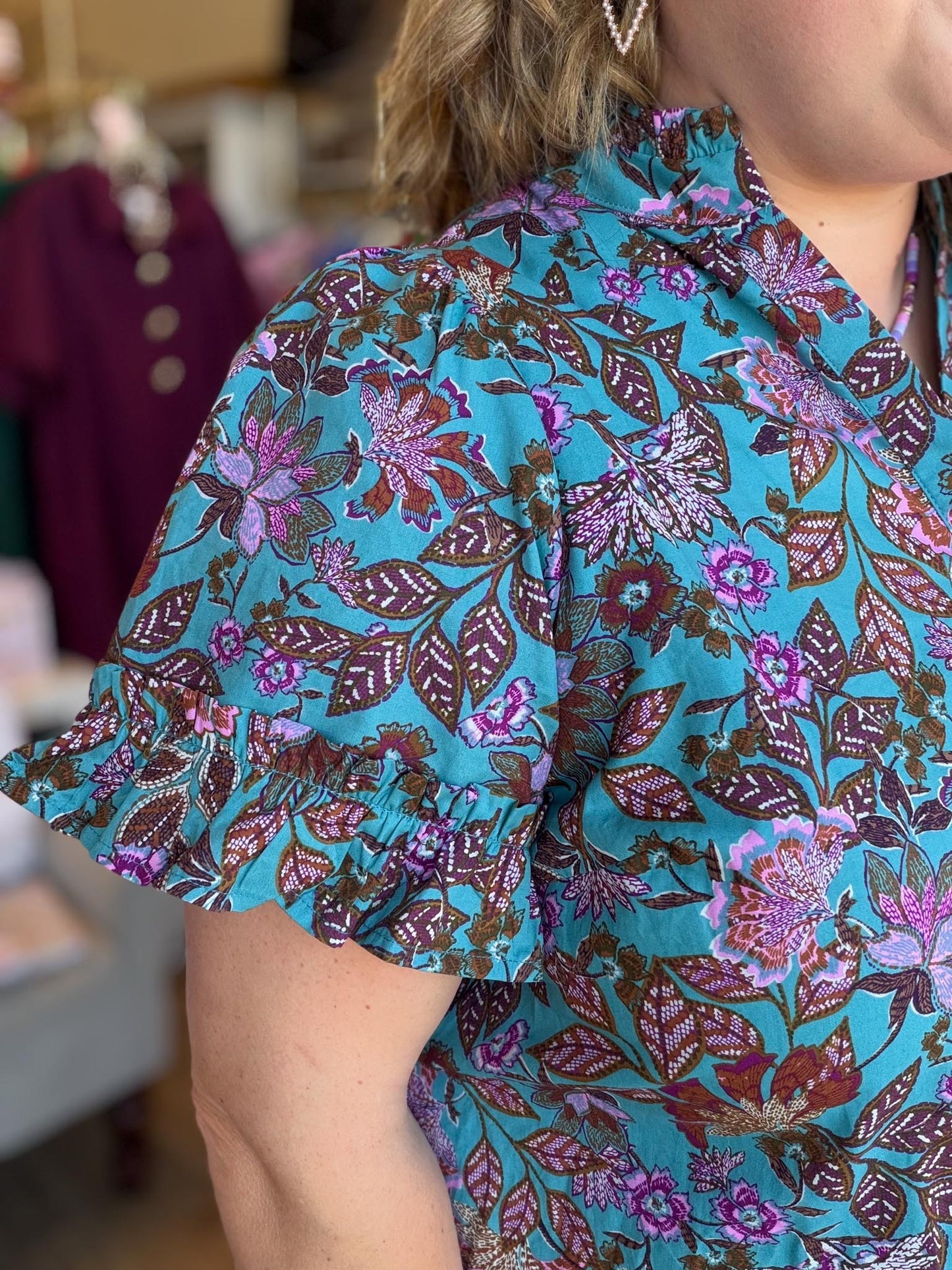 The Bright Side of Fall Plus-Size Teal Floral Button Down Midi Dress