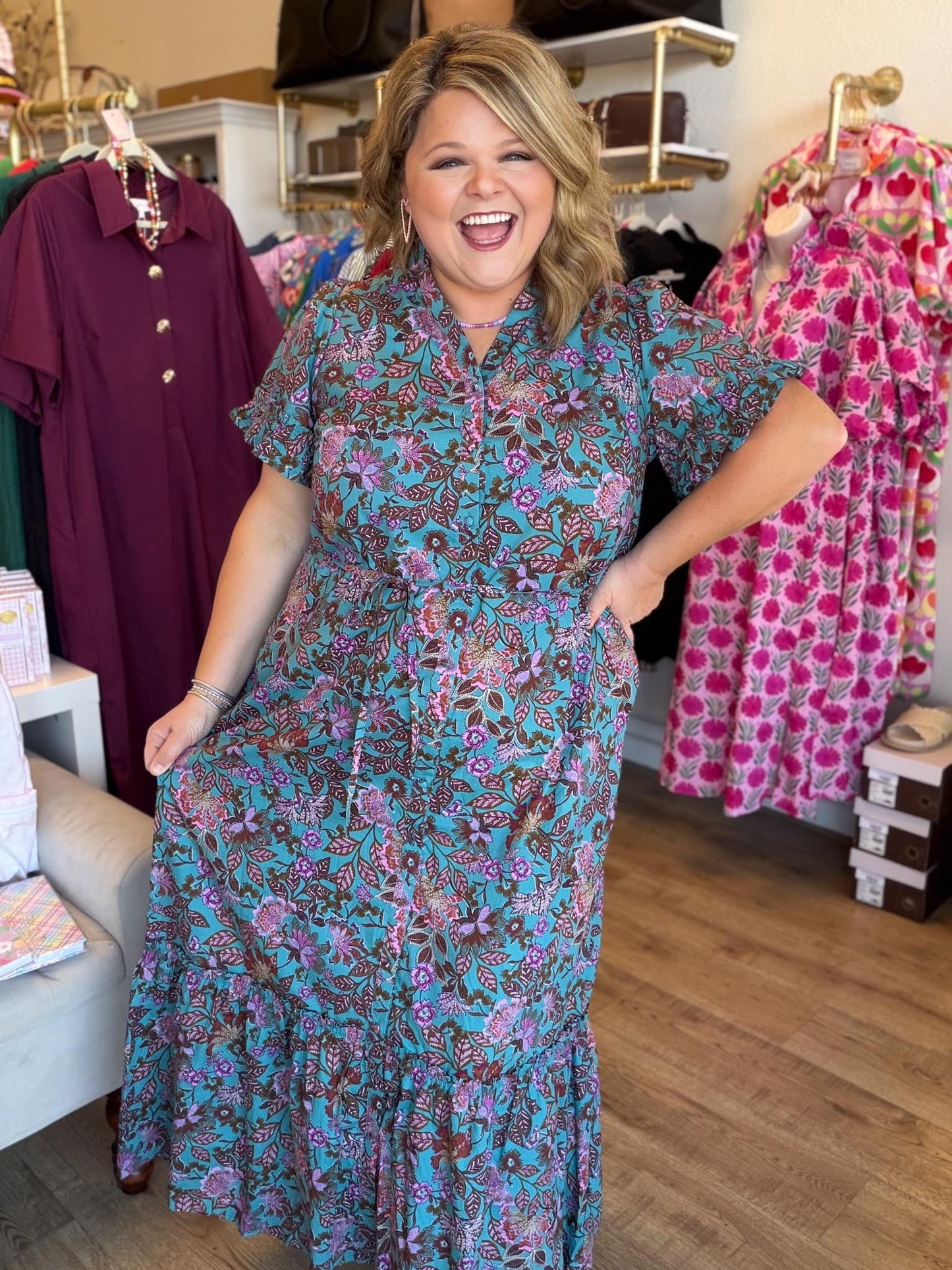 The Bright Side of Fall Plus-Size Teal Floral Button Down Midi Dress
