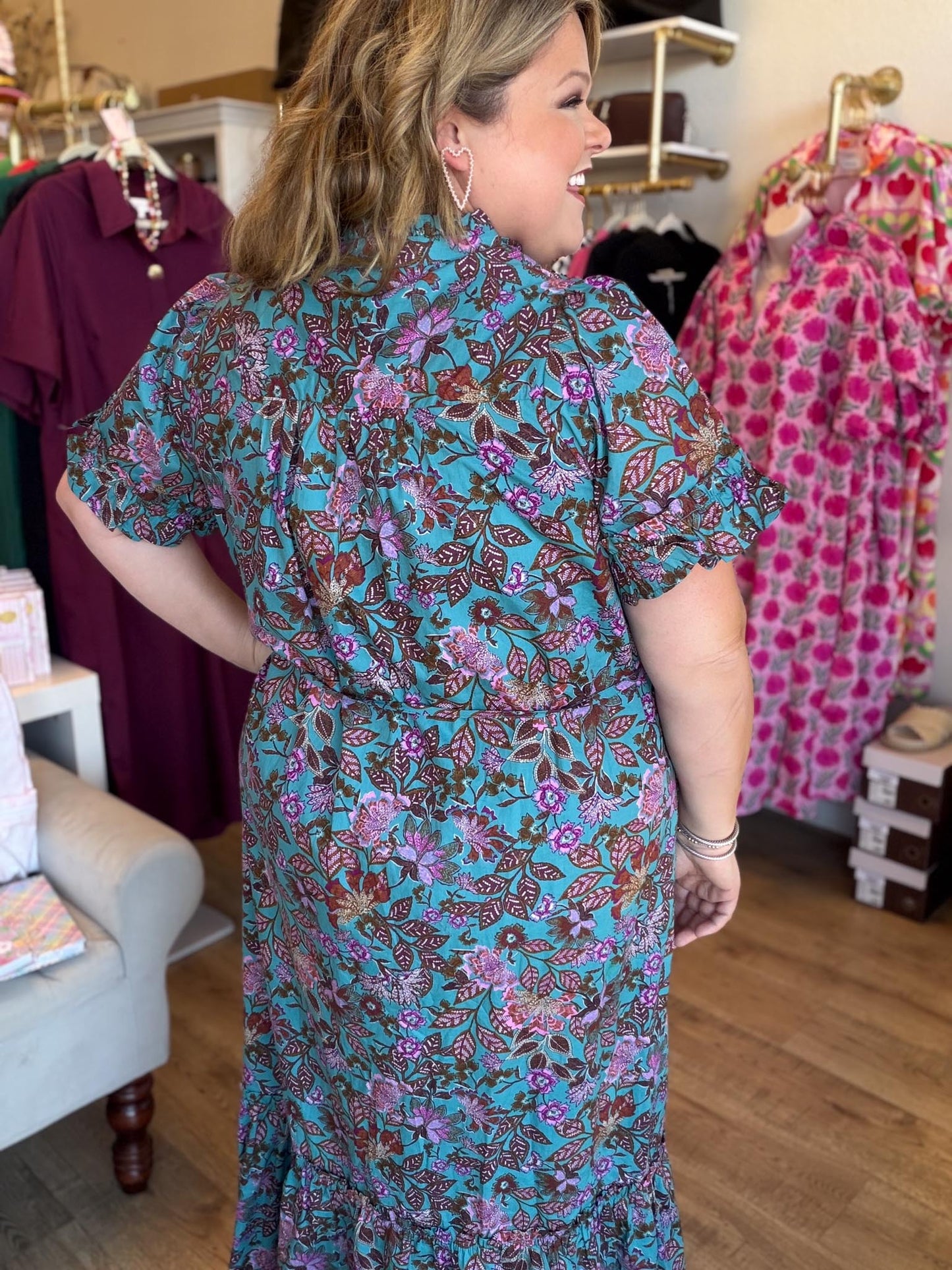 The Bright Side of Fall Plus-Size Teal Floral Button Down Midi Dress