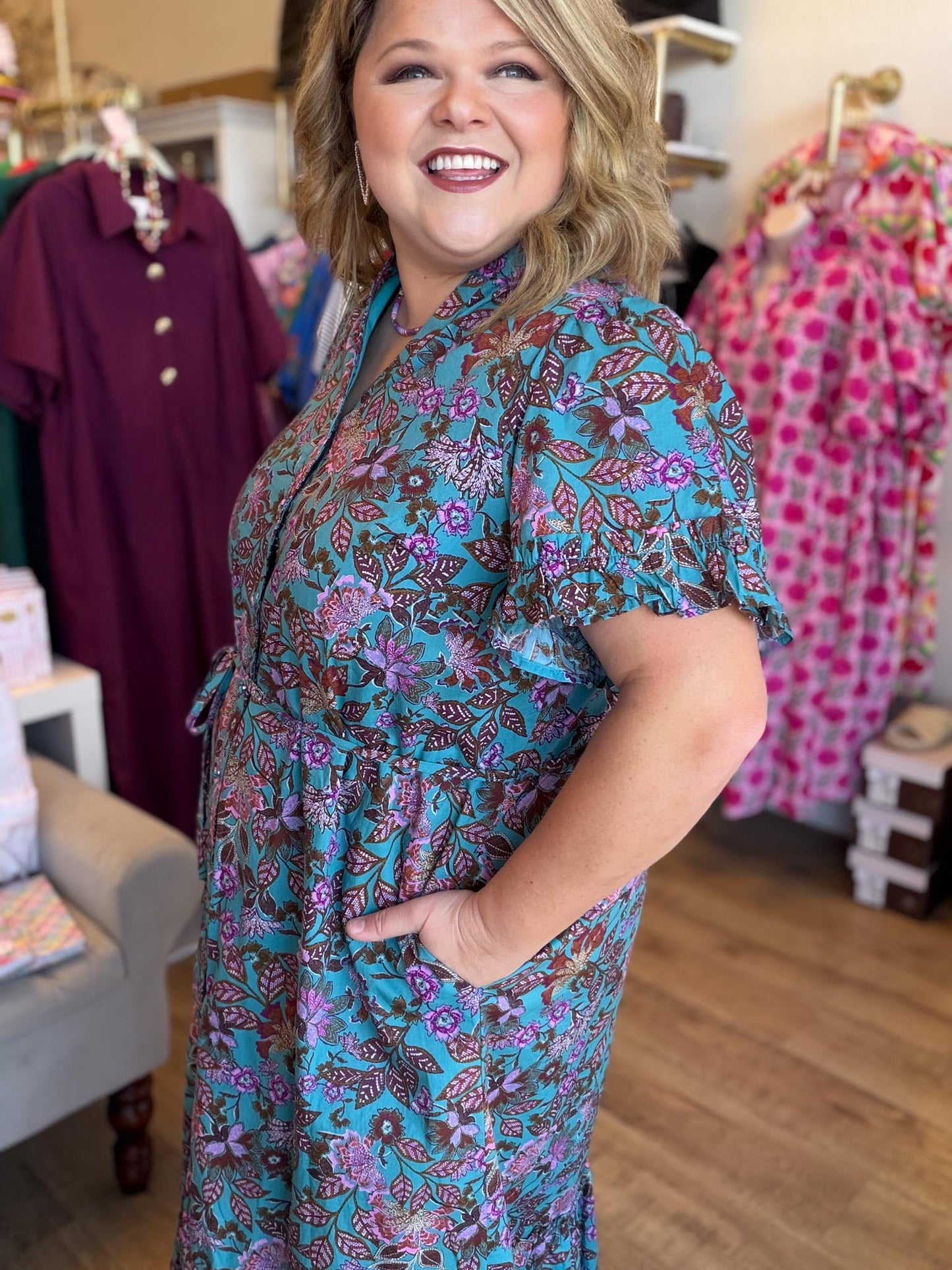 The Bright Side of Fall Plus-Size Teal Floral Button Down Midi Dress