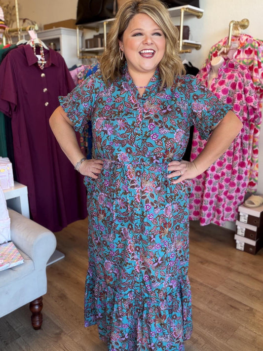 The Bright Side of Fall Plus-Size Teal Floral Button Down Midi Dress