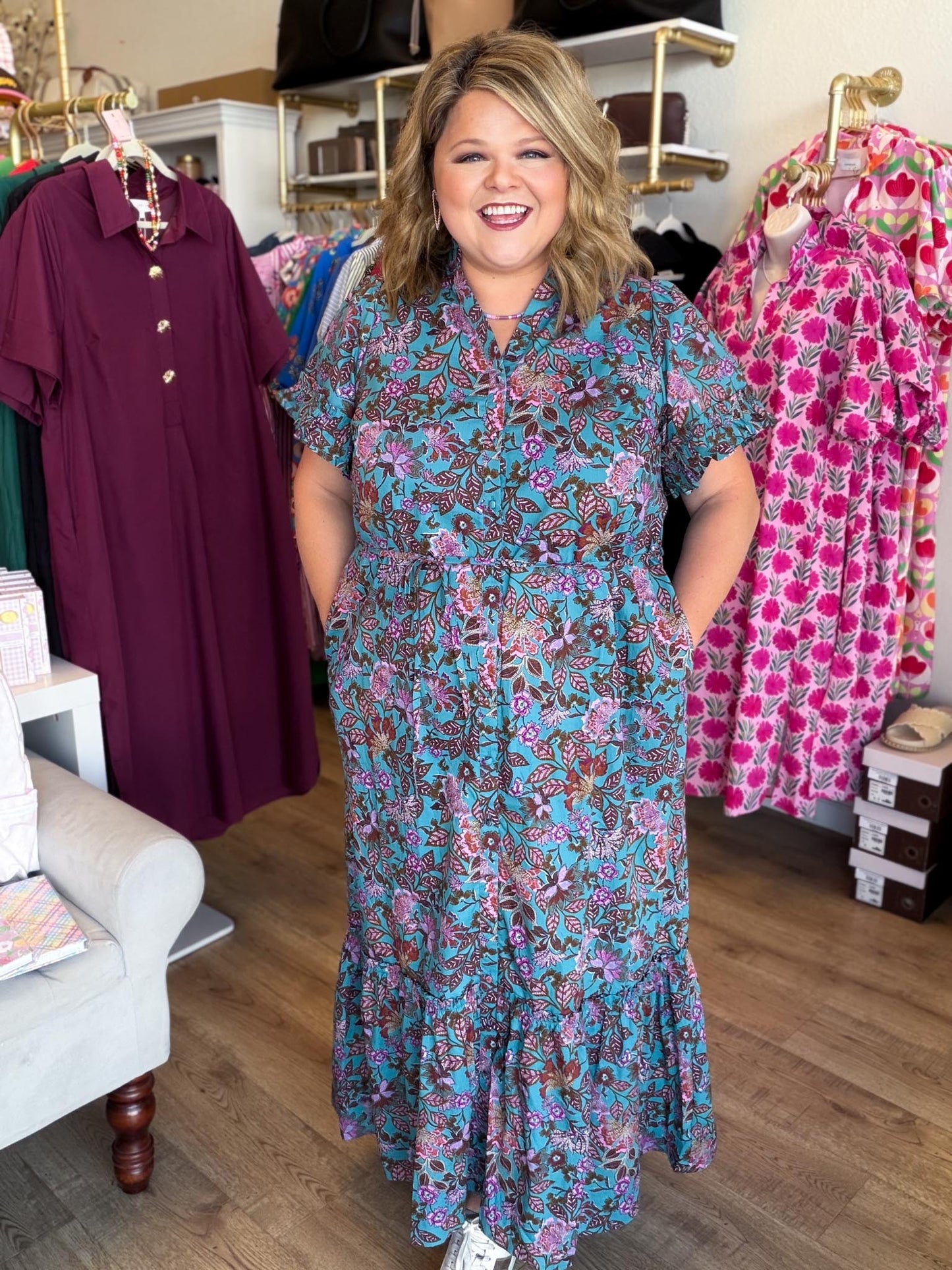 The Bright Side of Fall Plus-Size Teal Floral Button Down Midi Dress